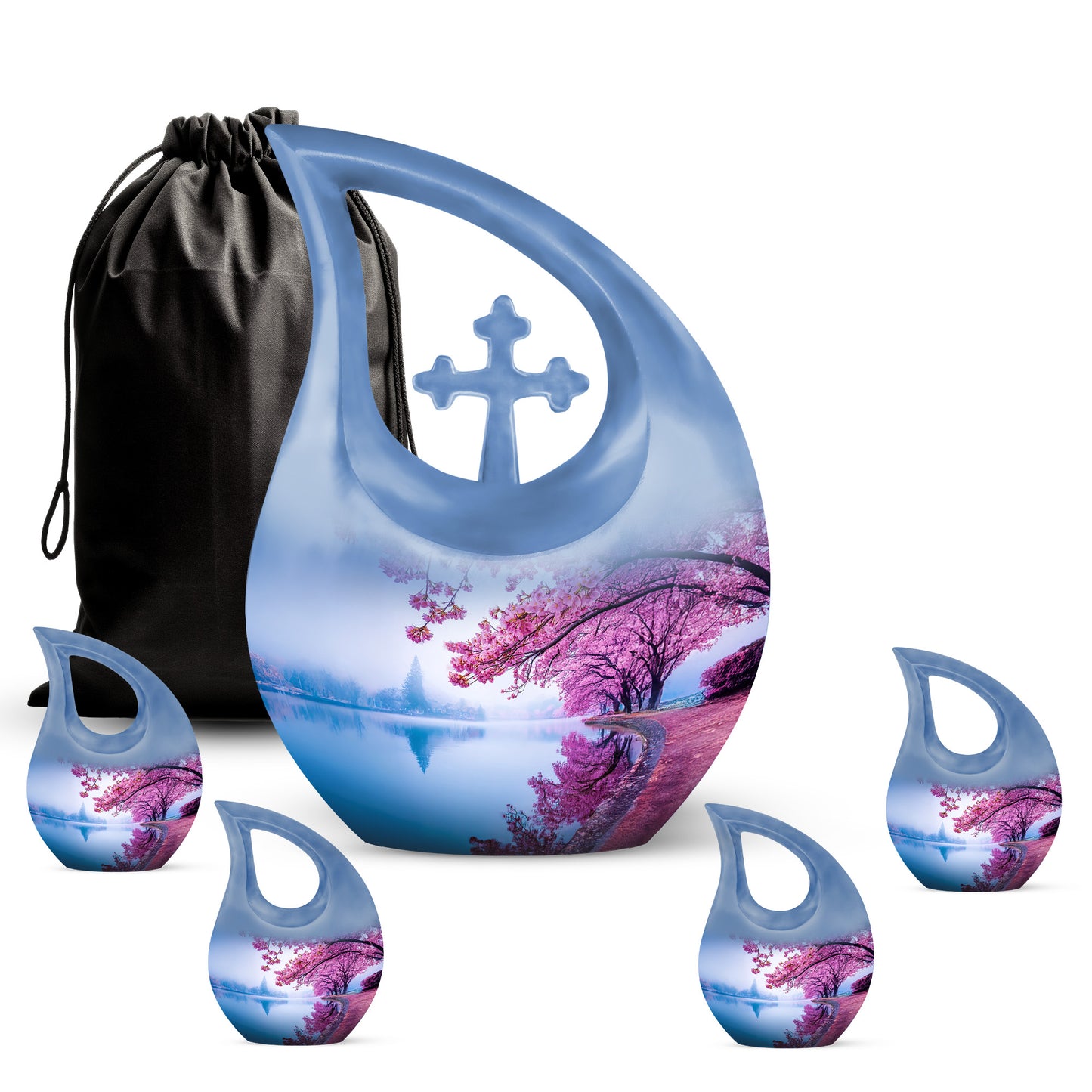 Icy Blue Cherry Blossom Cremation Urn urn with complimentary velvet bag - sacred cross merged with cherry blossom motif on metal - memorial set with one large and four small urns