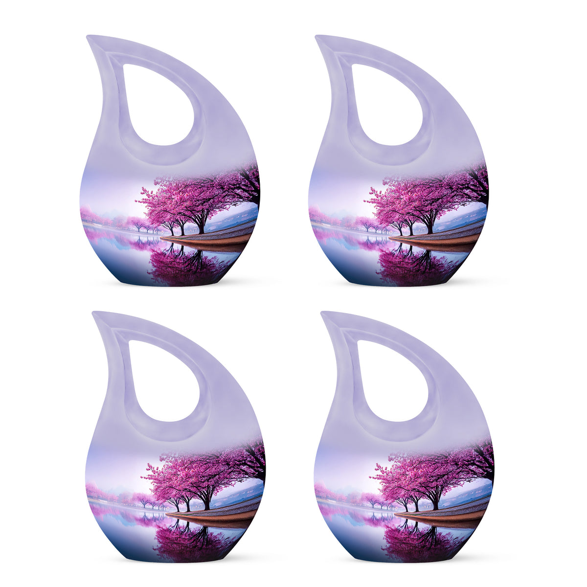 Ivory White Cherry Blossom Cremation Urn lifestyle display on memorial shelf - cross and cherry blossom combined in spiritual memorial design - 10 inch aluminum urn for cremated remains