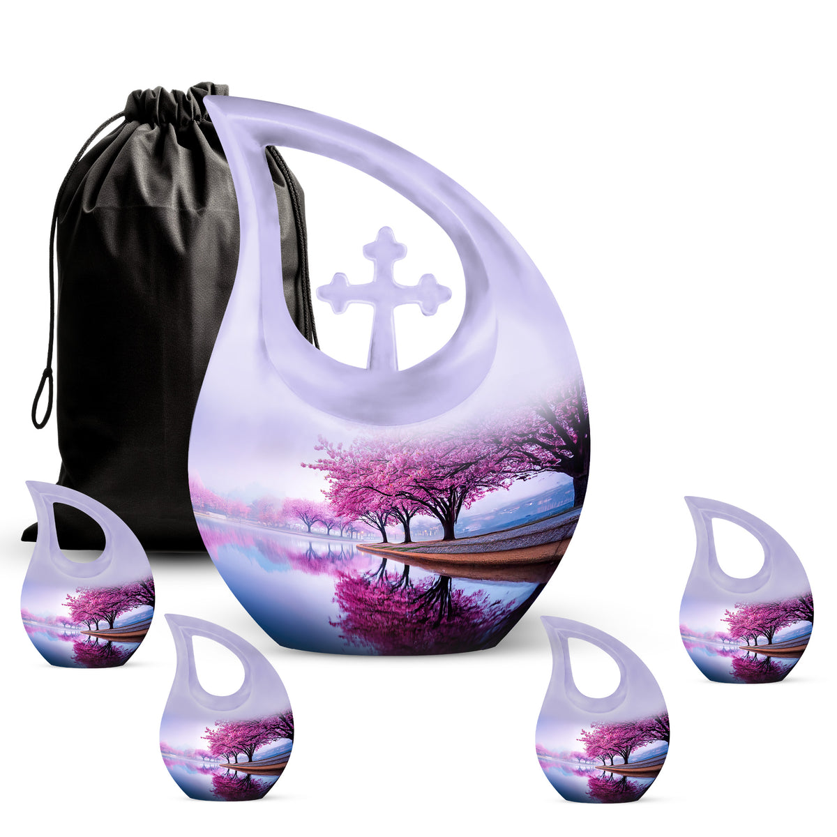 Ivory White Cherry Blossom Cremation Urn urn with complimentary velvet bag - cross and cherry blossom combined in spiritual memorial design - memorial set with one large and four small urns