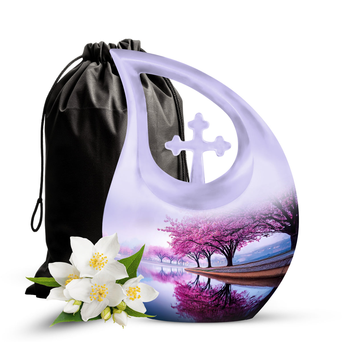 Porcelain White Cherry Blossom Cremation Urn top-down view of secure threaded lid - devotional cross-drop cherry blossom engraving - full-size 10 inch 200 cubic inch adult cremation urn
