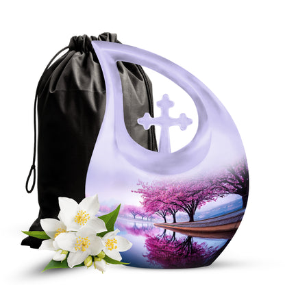 Porcelain White Cherry Blossom Cremation Urn top-down view of secure threaded lid - devotional cross-drop cherry blossom engraving - full-size 10 inch 200 cubic inch adult cremation urn