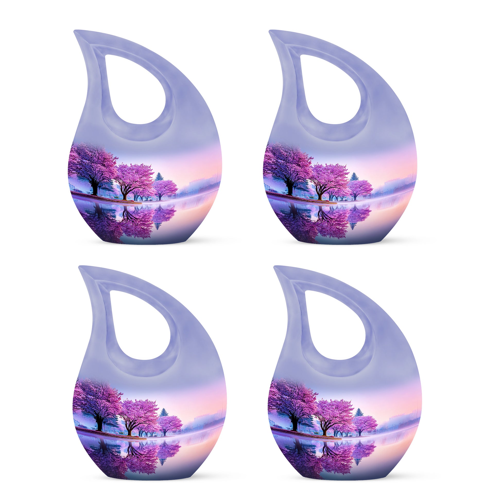 Ivory White Cherry Blossom Cremation Urn lifestyle display on memorial shelf - cross and cherry blossom combined in spiritual memorial design - 10 inch aluminum urn for cremated remains