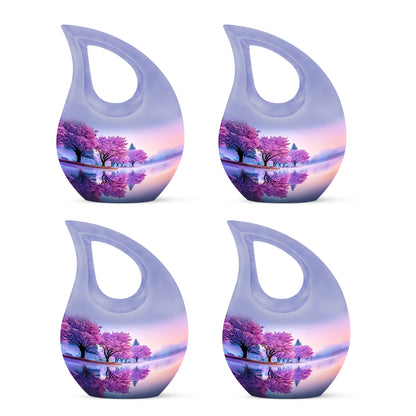 Ivory White Cherry Blossom Cremation Urn lifestyle display on memorial shelf - cross and cherry blossom combined in spiritual memorial design - 10 inch aluminum urn for cremated remains