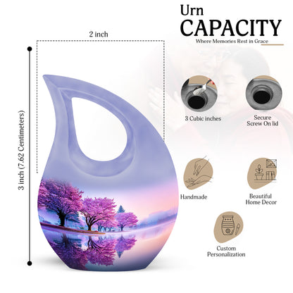 Pure White Cherry Blossom Cremation Urn back view with polished surface - cross and cherry blossom combined in spiritual memorial design - mini keepsake memorial for portion of cremation ashes