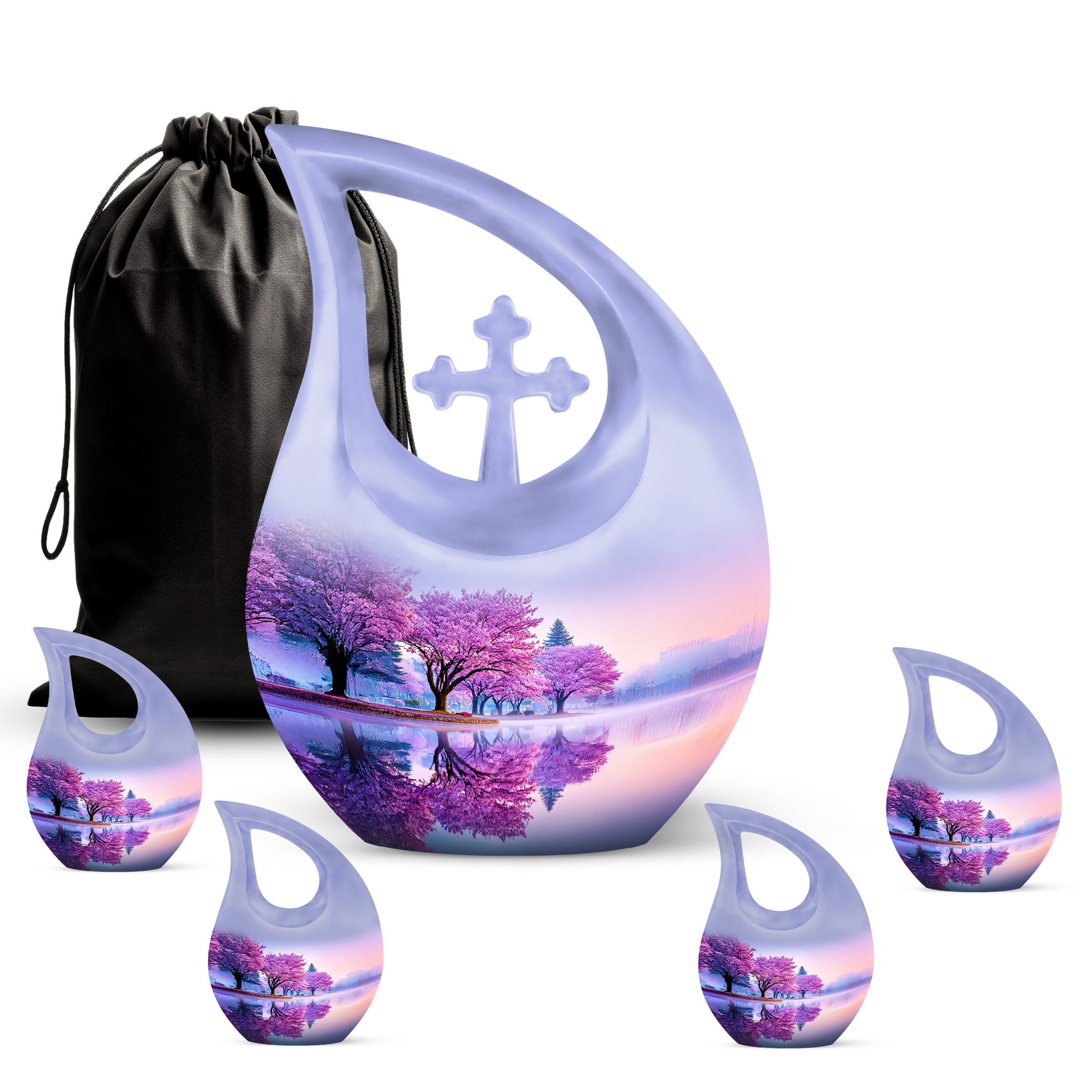 Ivory White Cherry Blossom Cremation Urn urn with complimentary velvet bag - sacred cross merged with cherry blossom motif on metal - memorial set with one large and four small urns