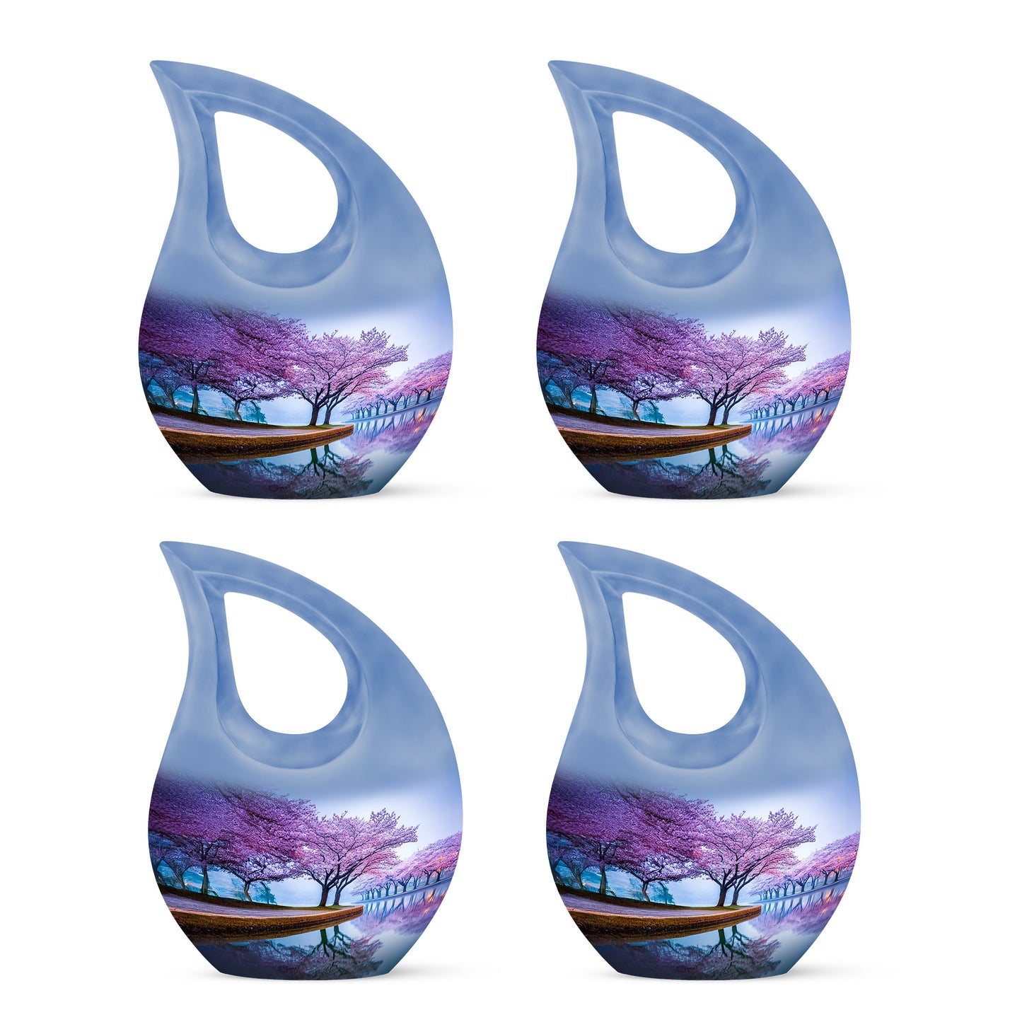 Royal Blue Cherry Blossom Cremation Urn lifestyle display on memorial shelf - devotional cross-drop cherry blossom engraving - 10 inch aluminum urn for cremated remains