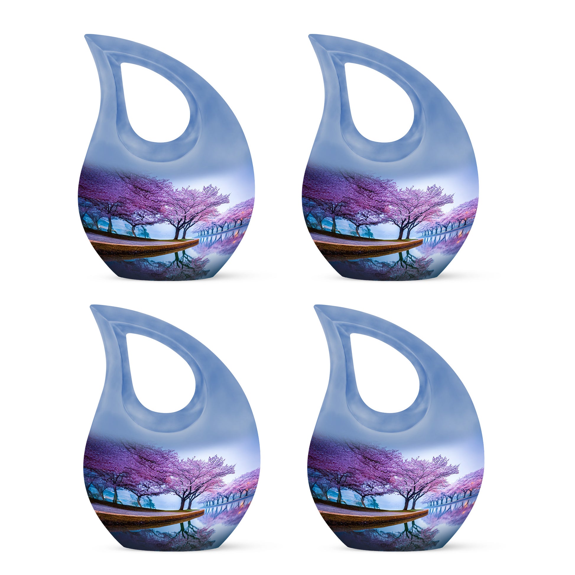 Royal Blue Cherry Blossom Cremation Urn lifestyle display on memorial shelf - devotional cross-drop cherry blossom engraving - 10 inch aluminum urn for cremated remains