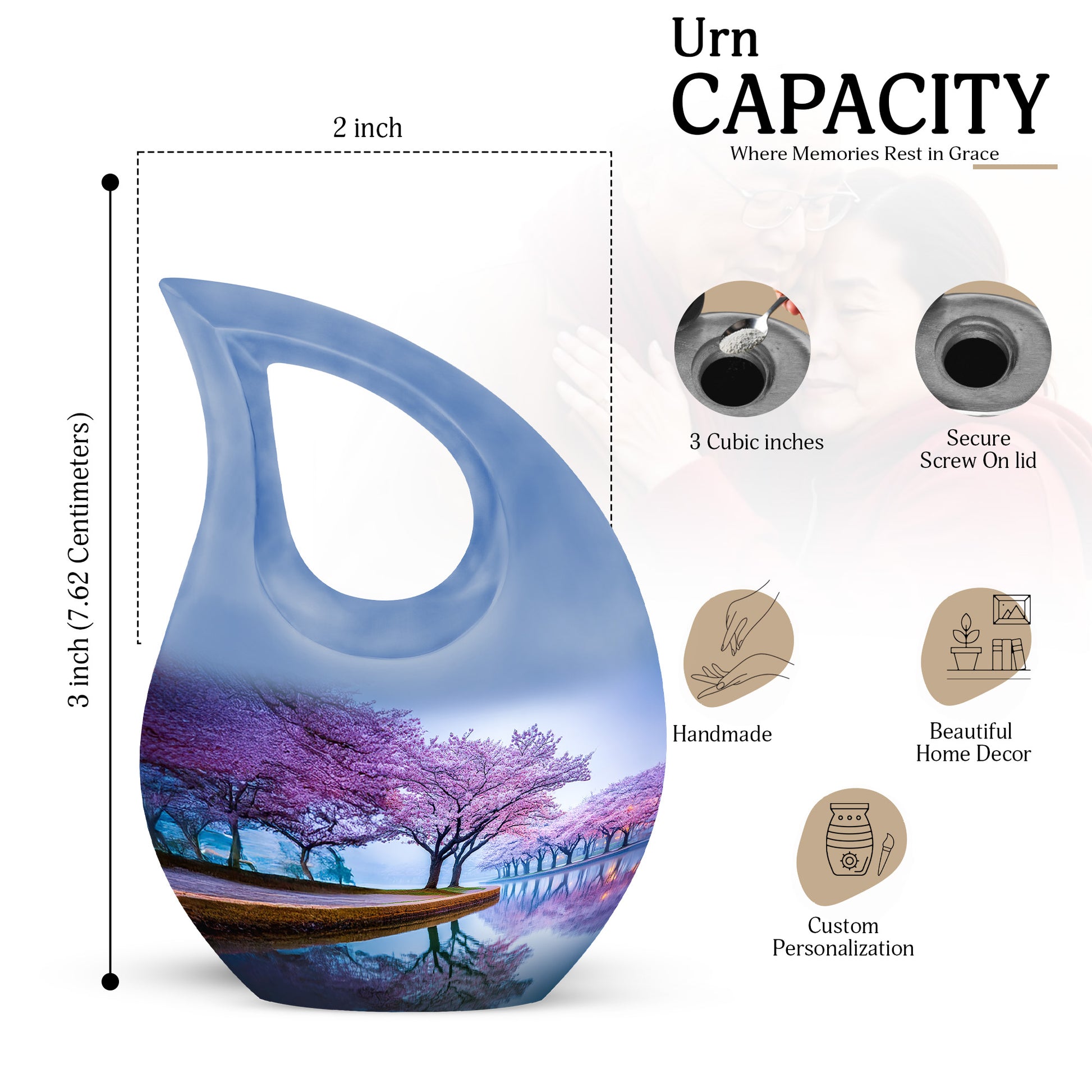 Misty Blue Cherry Blossom Cremation Urn back view with polished surface - cross and cherry blossom combined in spiritual memorial design - mini keepsake memorial for portion of cremation ashes