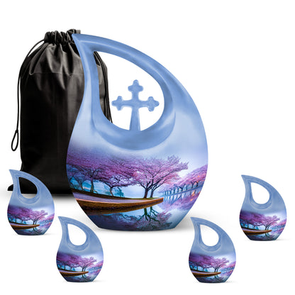 Misty Blue Cherry Blossom Cremation Urn urn with complimentary velvet bag - cross and cherry blossom combined in spiritual memorial design - memorial set with one large and four small urns