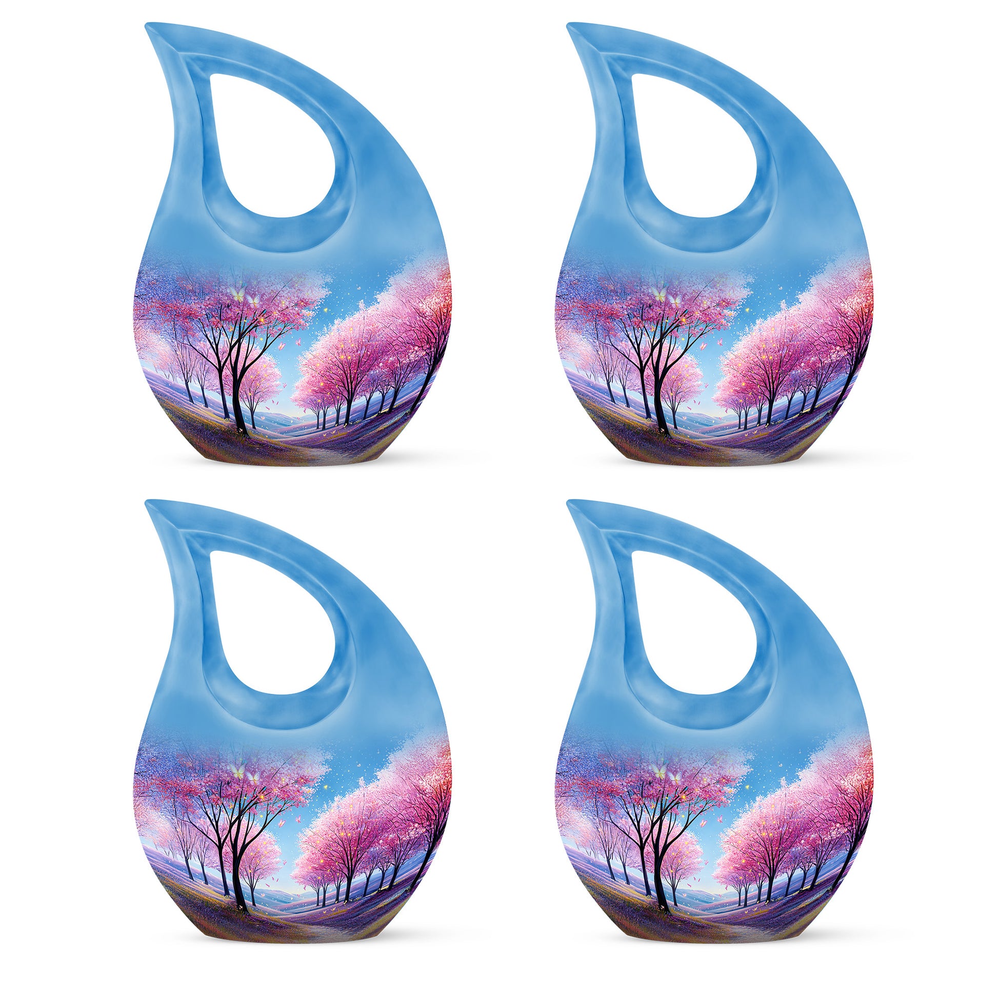 Azure Cherry Blossom Cremation Urn lifestyle display on memorial shelf - sacred cross merged with cherry blossom motif on metal - 10 inch aluminum urn for cremated remains