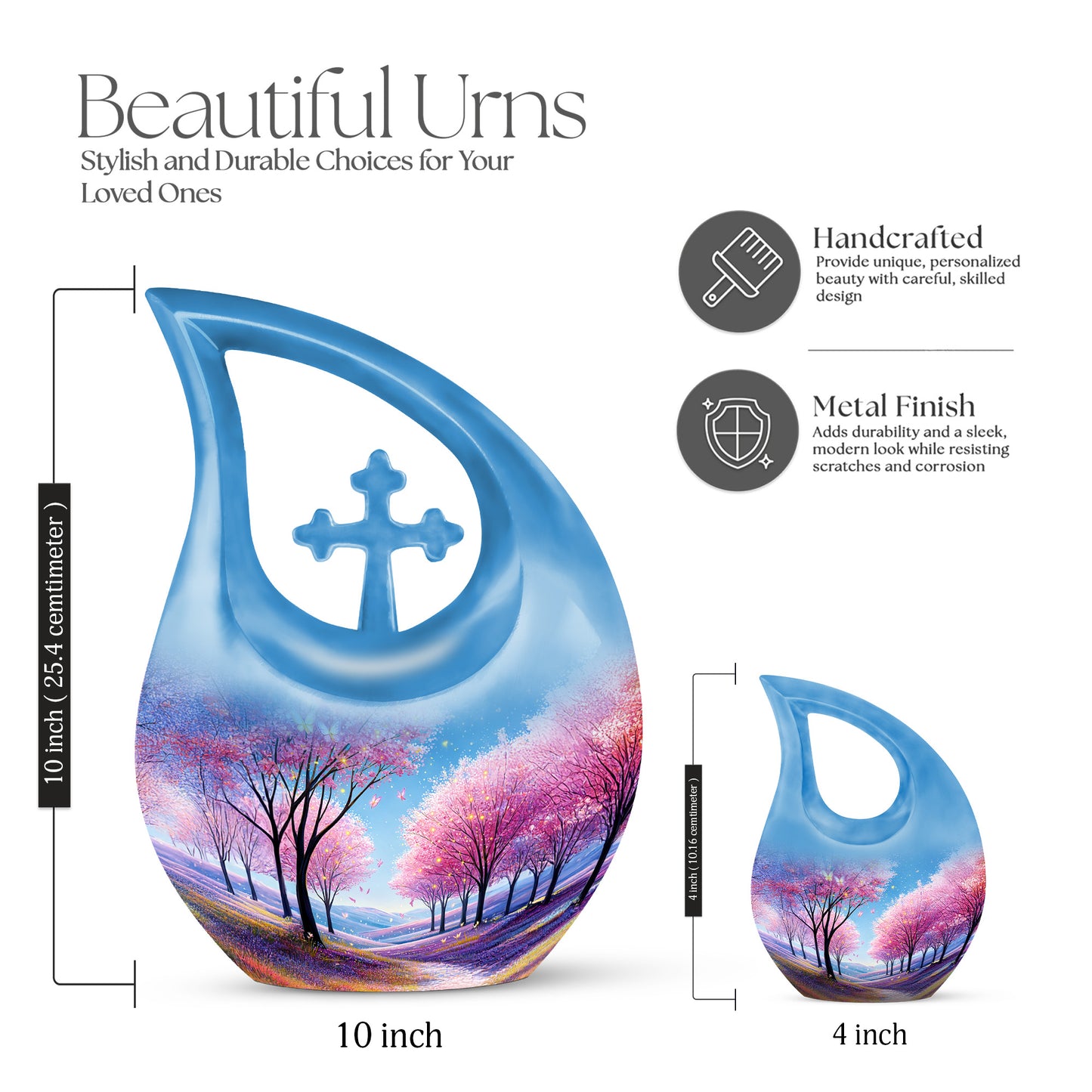 Pastel Blue Cherry Blossom Cremation Urn back view with polished surface - cross and cherry blossom combined in spiritual memorial design - mini keepsake memorial for portion of cremation ashes