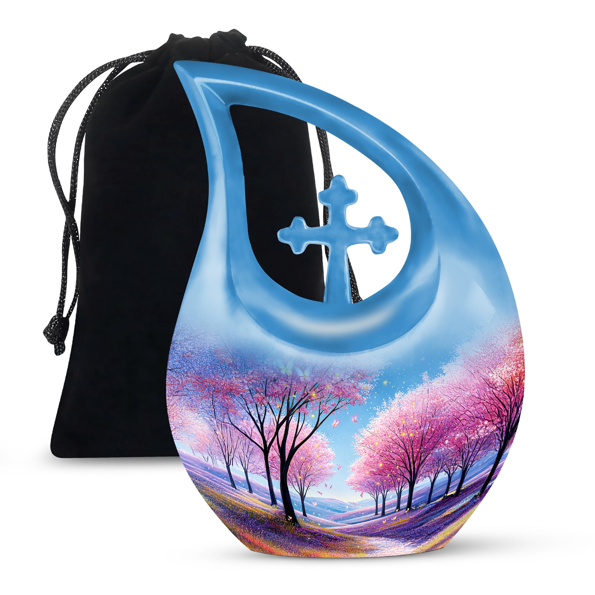 Twilight Blue Cherry Blossom Cremation Urn top-down view of secure threaded lid - faith-inspired cross-drop urn with cherry blossom pattern - full-size 10 inch 200 cubic inch adult cremation urn
