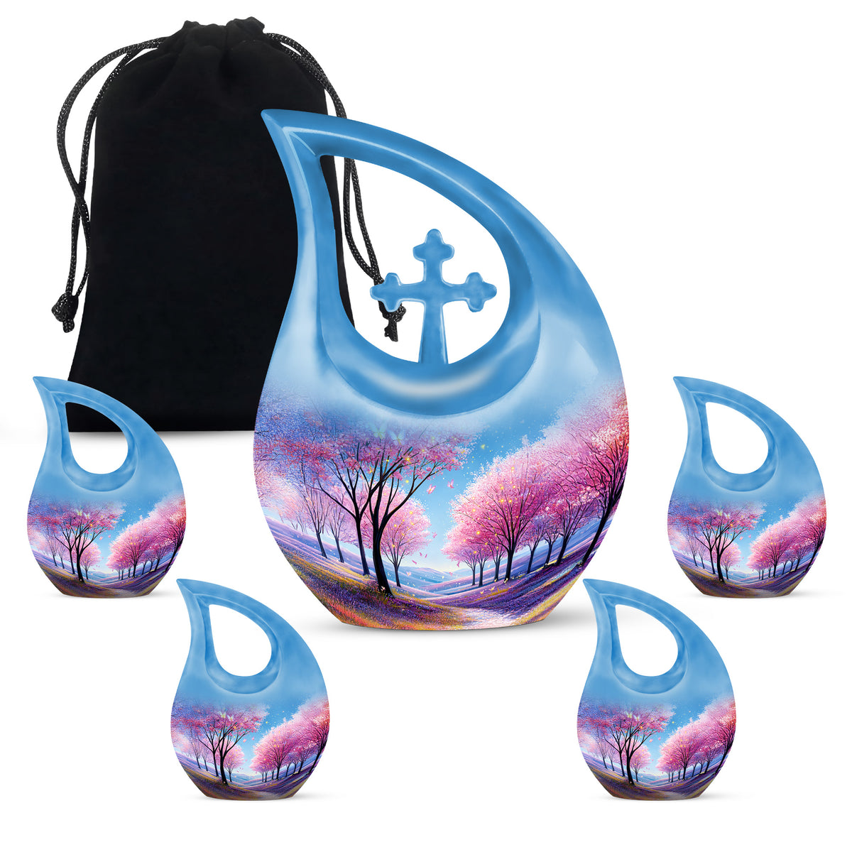 Misty Blue Cherry Blossom Cremation Urn urn with complimentary velvet bag - sacred cross merged with cherry blossom motif on metal - memorial set with one large and four small urns