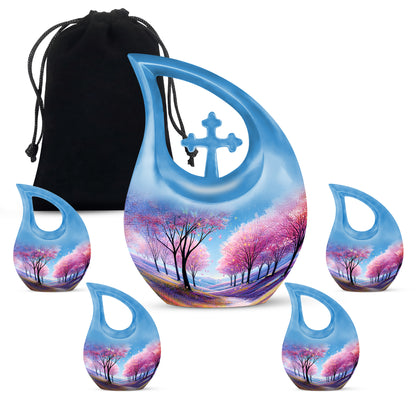 Misty Blue Cherry Blossom Cremation Urn urn with complimentary velvet bag - sacred cross merged with cherry blossom motif on metal - memorial set with one large and four small urns