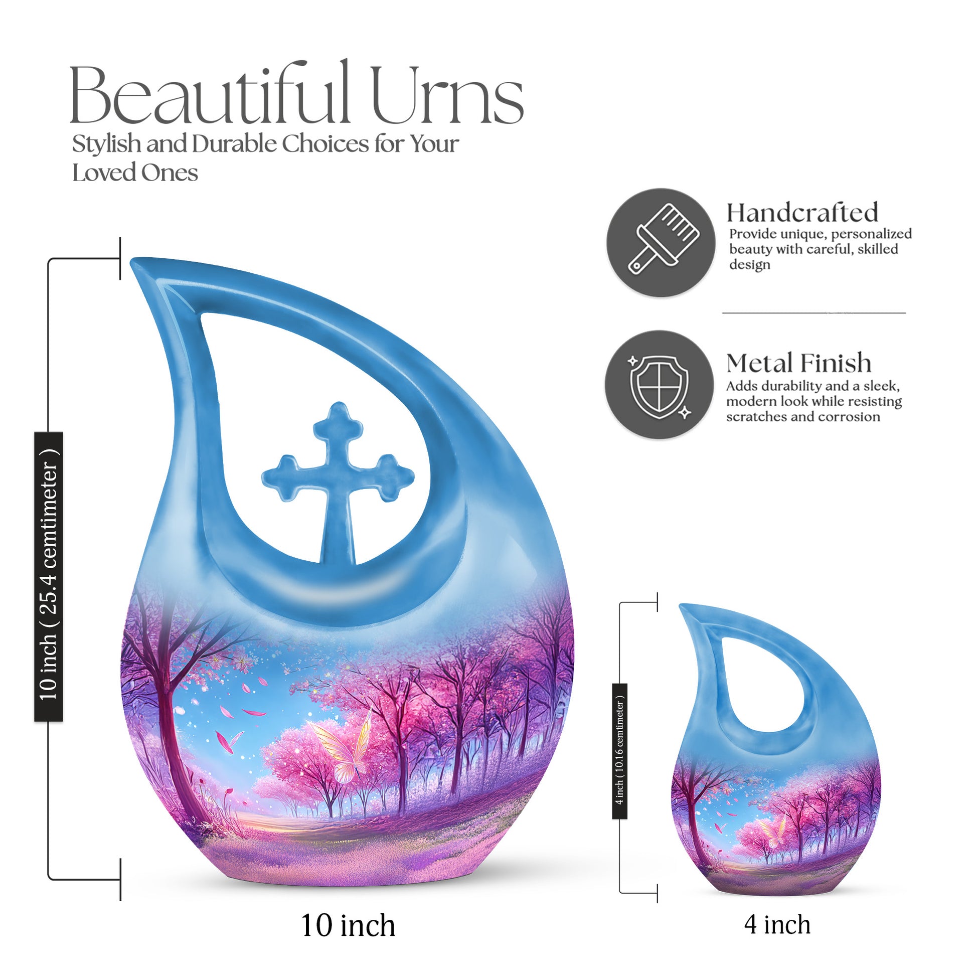Amethyst Purple Cherry Blossom Cremation Urn back view with polished surface - cross and cherry blossom combined in spiritual memorial design - mini keepsake memorial for portion of cremation ashes