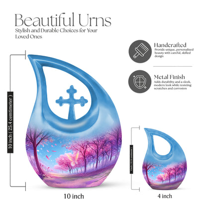 Amethyst Purple Cherry Blossom Cremation Urn back view with polished surface - cross and cherry blossom combined in spiritual memorial design - mini keepsake memorial for portion of cremation ashes