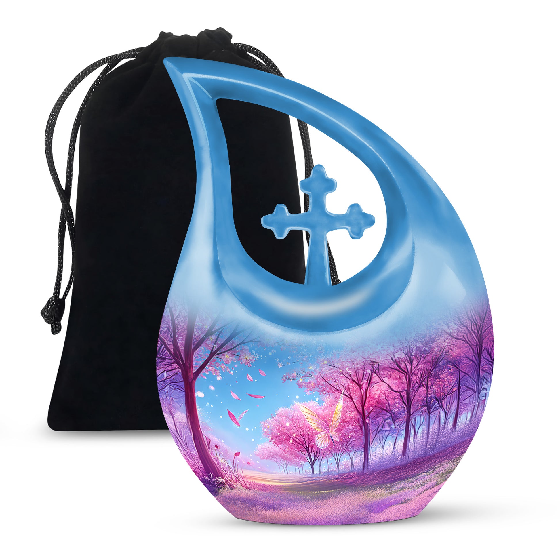 Amethyst Purple Cherry Blossom Cremation Urn top-down view of secure threaded lid - cross and cherry blossom combined in spiritual memorial design - full-size 10 inch 200 cubic inch adult cremation urn
