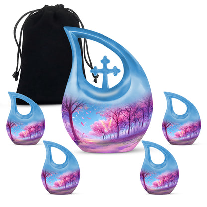 Lavender Purple Cherry Blossom Cremation Urn urn with complimentary velvet bag - faith-inspired cross-drop urn with cherry blossom pattern - memorial set with one large and four small urns