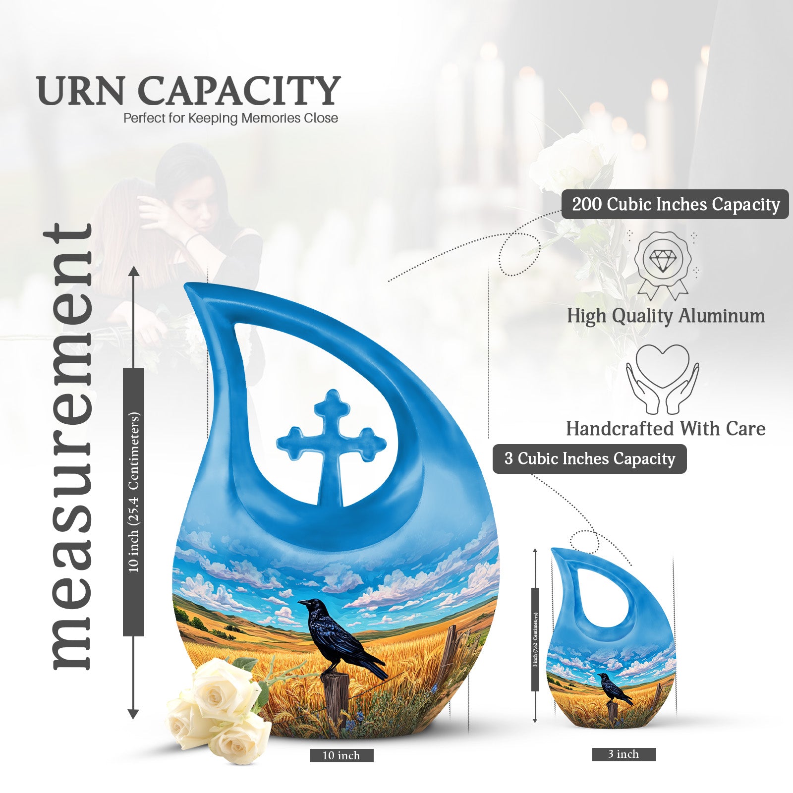 Indigo Crow Cremation Urn back view with polished surface - cross and crow combined in spiritual memorial design - mini keepsake memorial for portion of cremation ashes