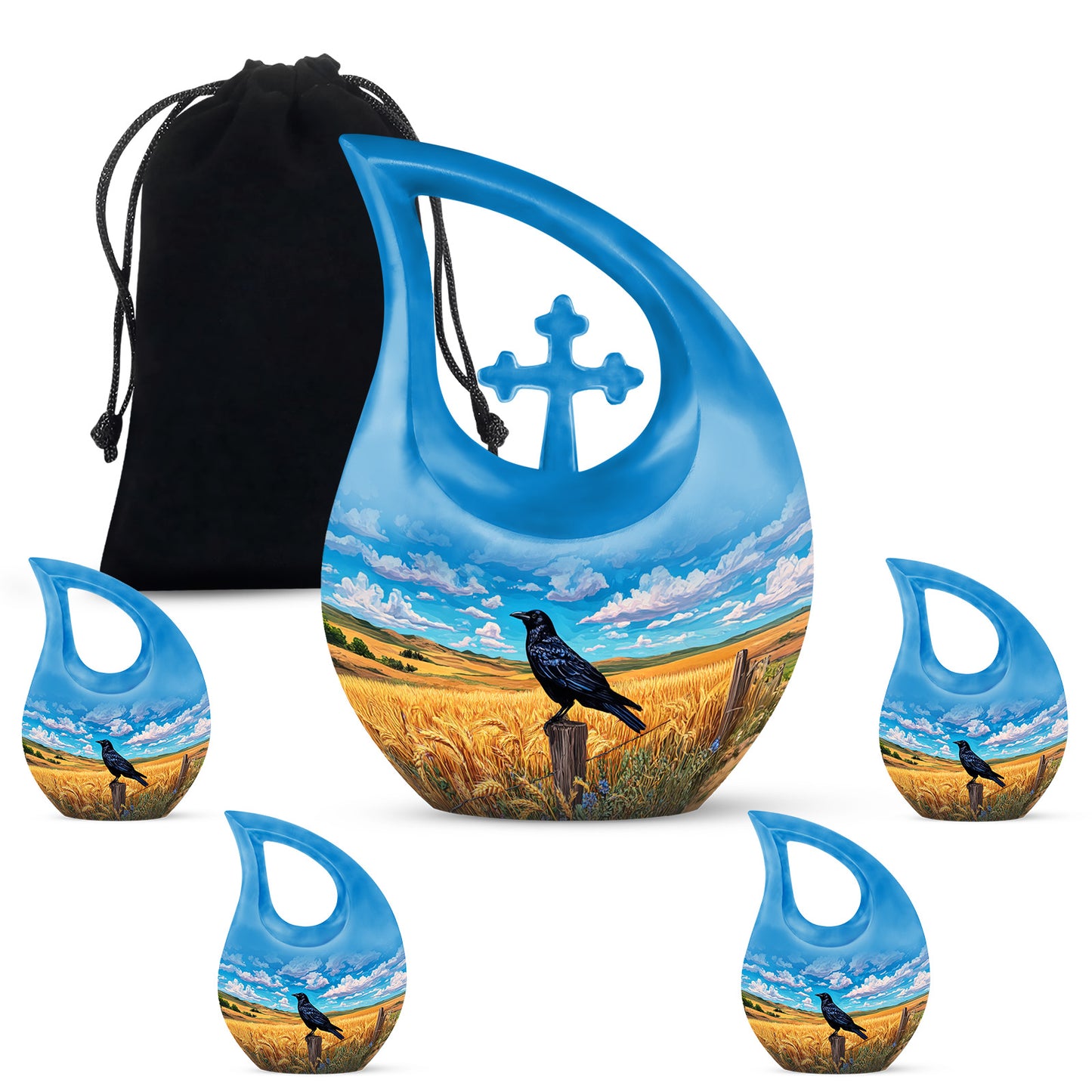 Sapphire Blue Crow Cremation Urn urn with complimentary velvet bag - faith-inspired cross-drop urn with crow pattern - memorial set with one large and four small urns