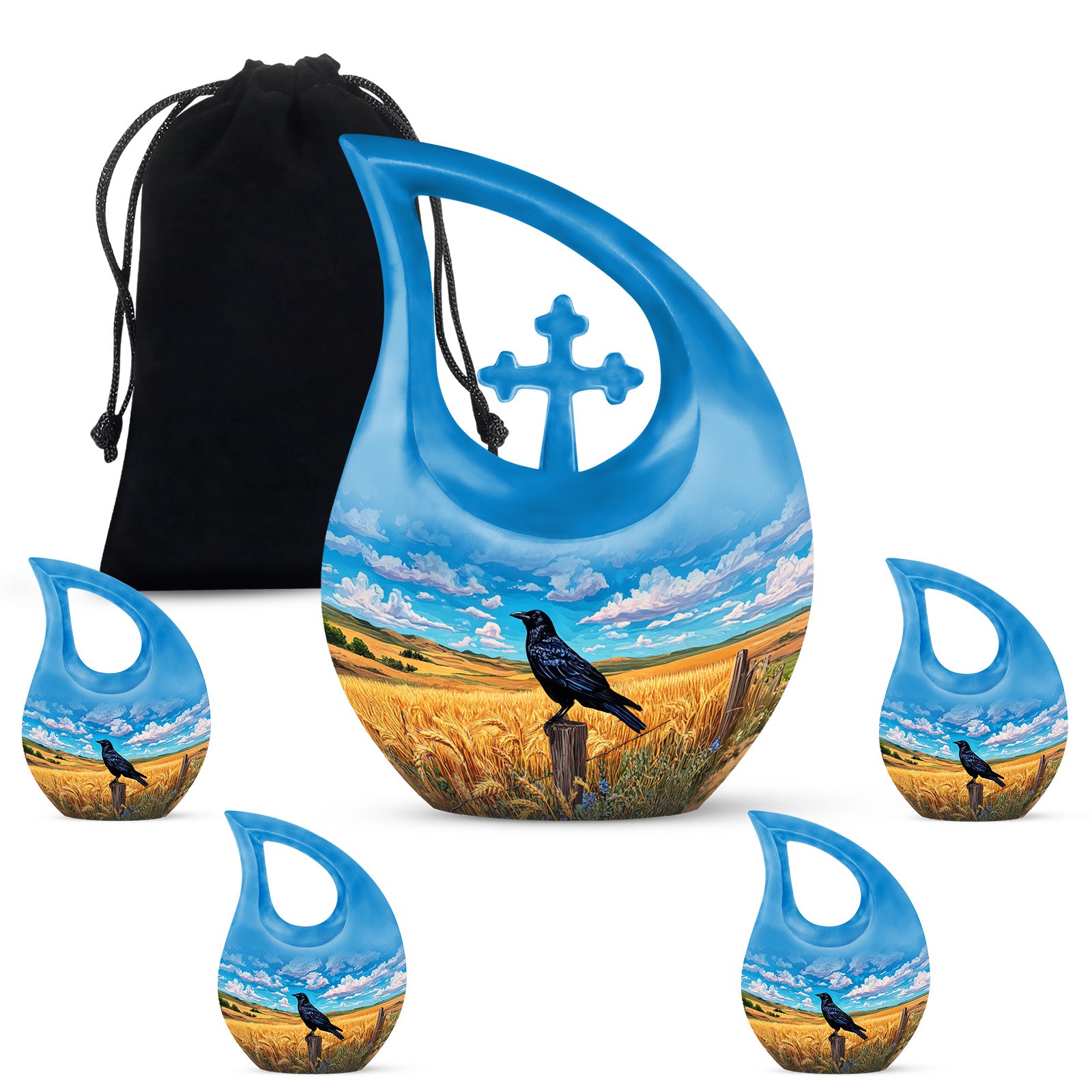 Sapphire Blue Crow Cremation Urn urn with complimentary velvet bag - faith-inspired cross-drop urn with crow pattern - memorial set with one large and four small urns