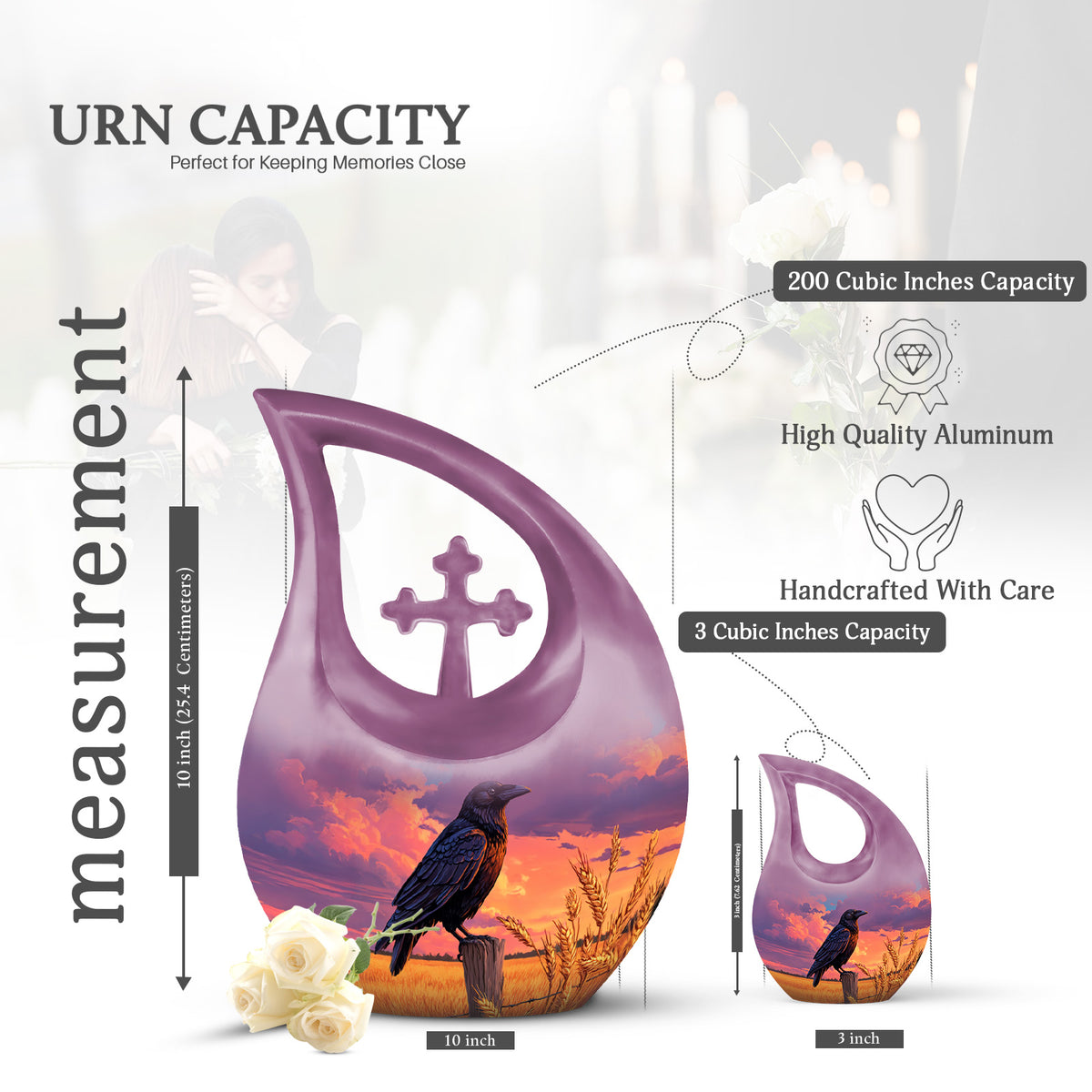 Indigo Crow Cremation Urn back view with polished surface - cross and crow combined in spiritual memorial design - mini keepsake memorial for portion of cremation ashes