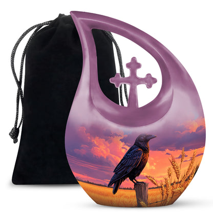 Dusty Blue Crow Cremation Urn top-down view of secure threaded lid - sacred cross merged with crow motif on metal - full-size 10 inch 200 cubic inch adult cremation urn