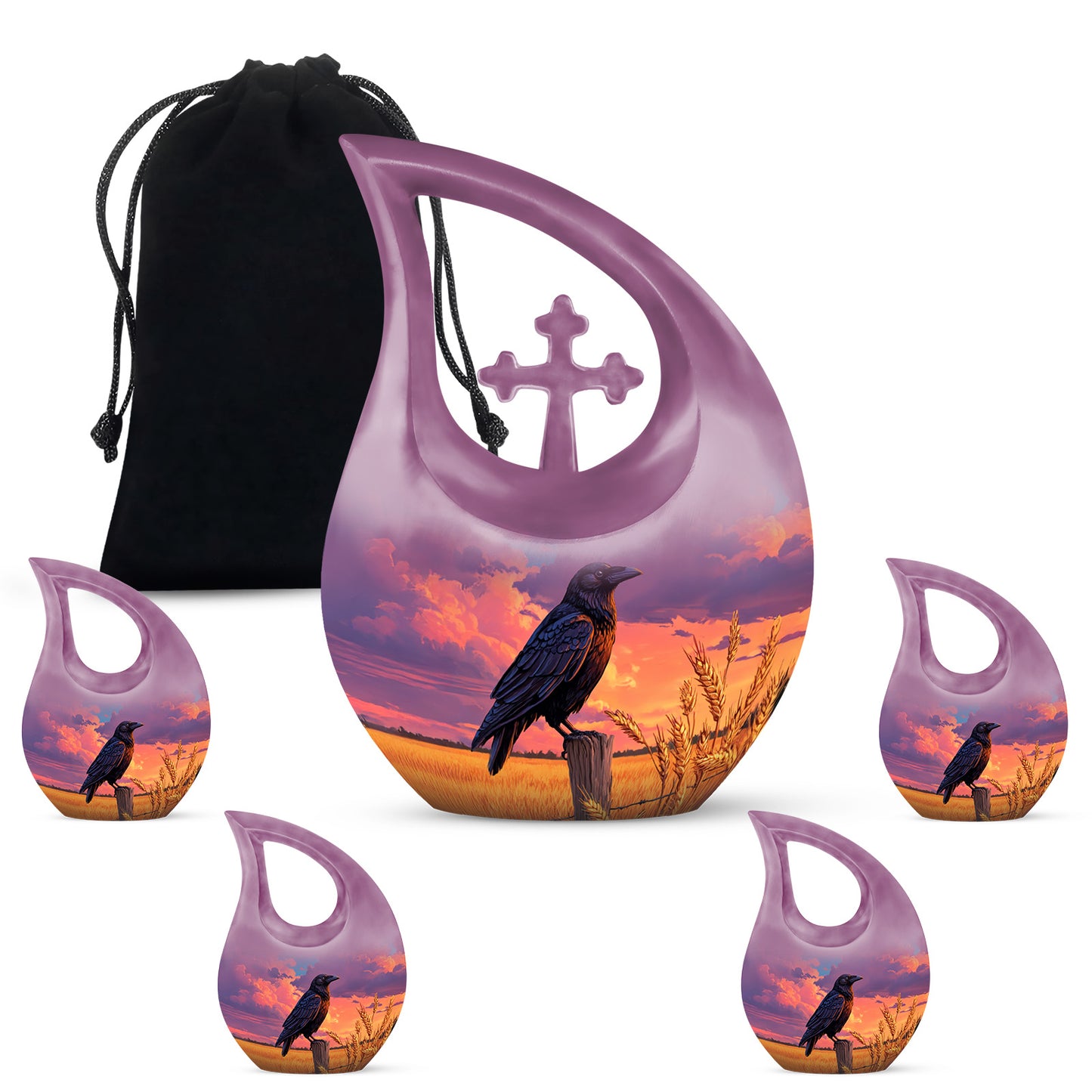 Icy Blue Crow Cremation Urn urn with complimentary velvet bag - cross and crow combined in spiritual memorial design - memorial set with one large and four small urns