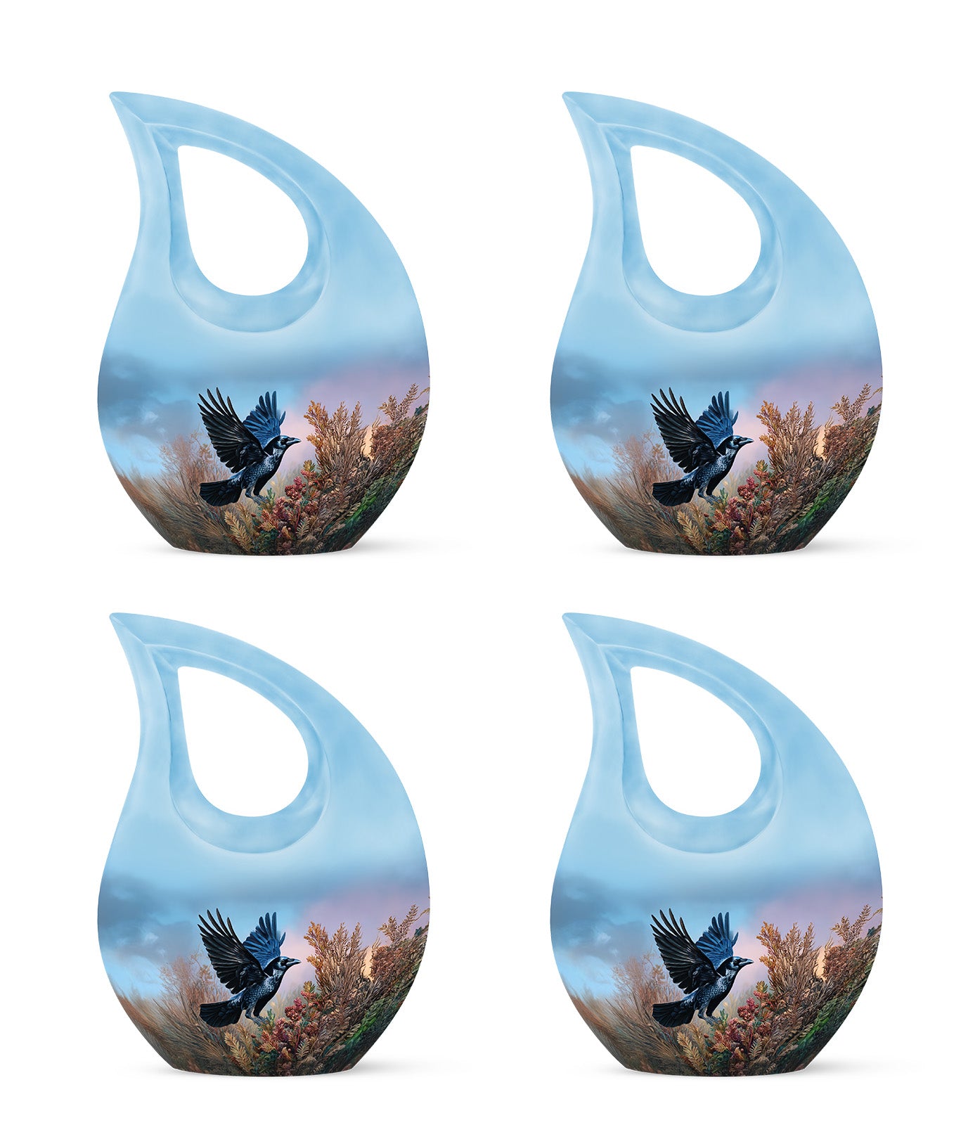 Royal Blue Crow Cremation Urn lifestyle display on memorial shelf - devotional cross-drop crow engraving - 10 inch aluminum urn for cremated remains