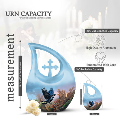 Indigo Crow Cremation Urn back view with polished surface - sacred cross merged with crow motif on metal - mini keepsake memorial for portion of cremation ashes