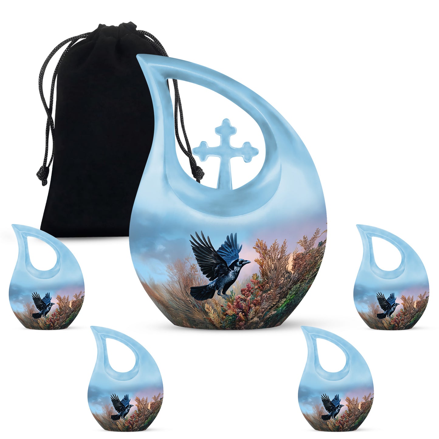 Sapphire Blue Crow Cremation Urn urn with complimentary velvet bag - faith-inspired cross-drop urn with crow pattern - memorial set with one large and four small urns