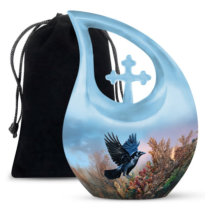 Celestial Blue Crow Cremation Urn top-down view of secure threaded lid - cross and crow combined in spiritual memorial design - full-size 10 inch 200 cubic inch adult cremation urn
