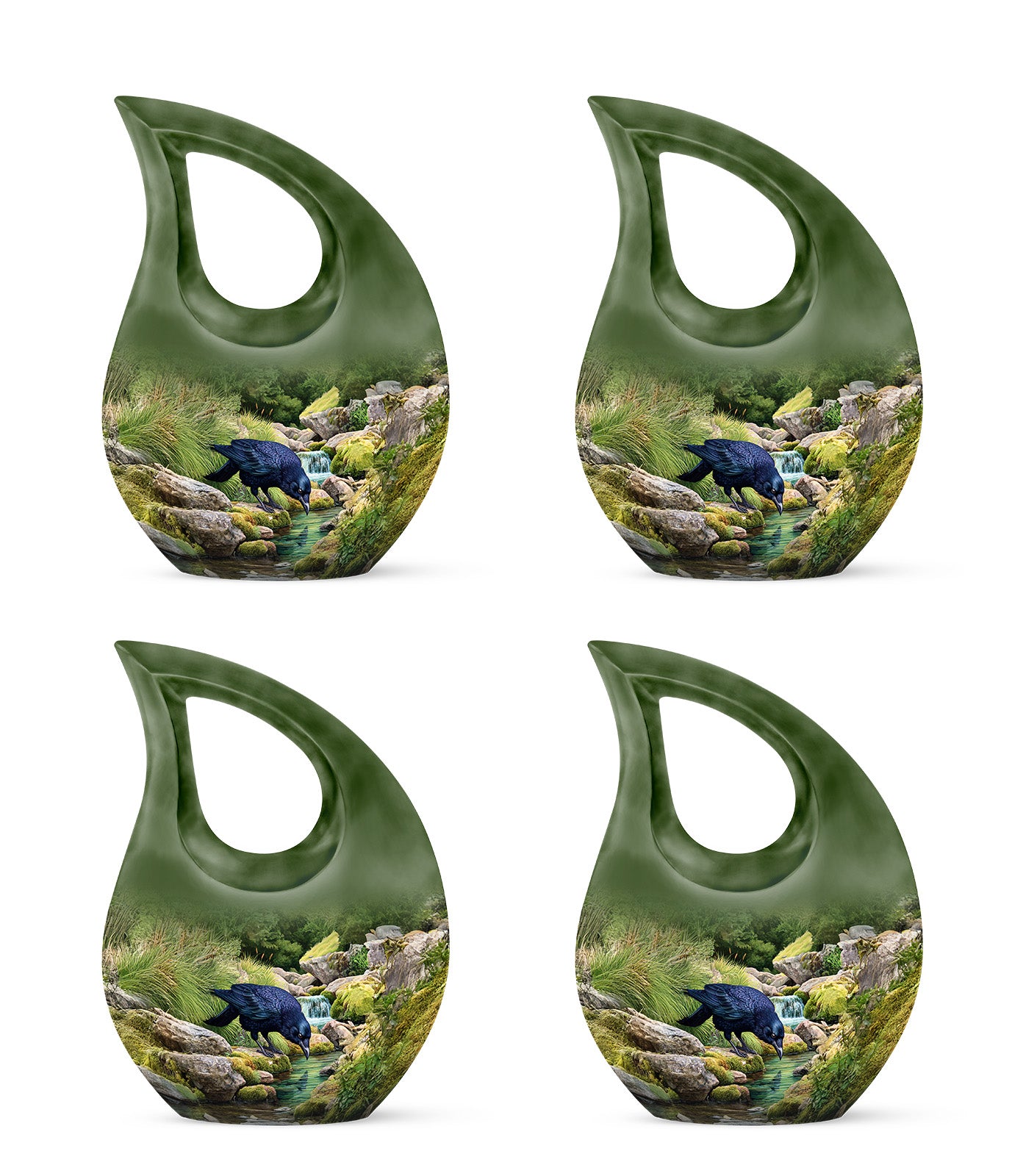 Olive Green Crow Cremation Urn lifestyle display on memorial shelf - faith-inspired cross-drop urn with crow pattern - 10 inch aluminum urn for cremated remains