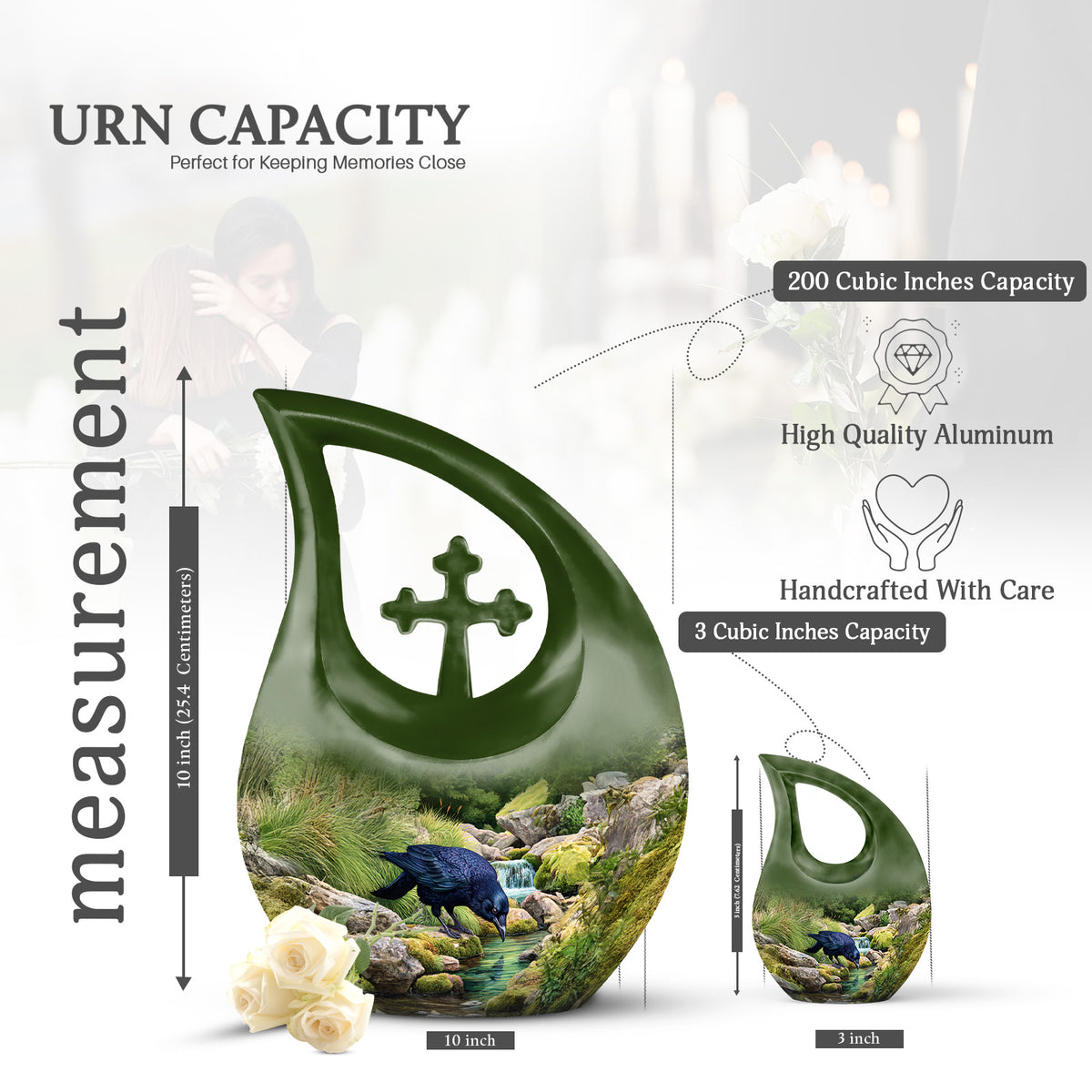 Sage Green Crow Cremation Urn back view with polished surface - cross and crow combined in spiritual memorial design - mini keepsake memorial for portion of cremation ashes