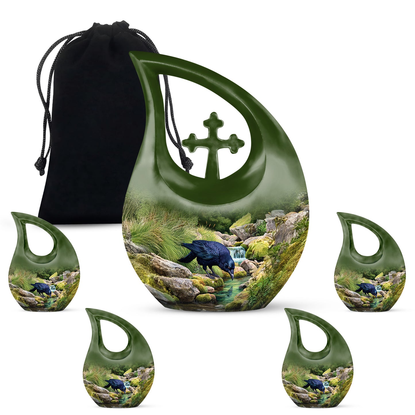 Mint Green Crow Cremation Urn urn with complimentary velvet bag - devotional cross-drop crow engraving - memorial set with one large and four small urns