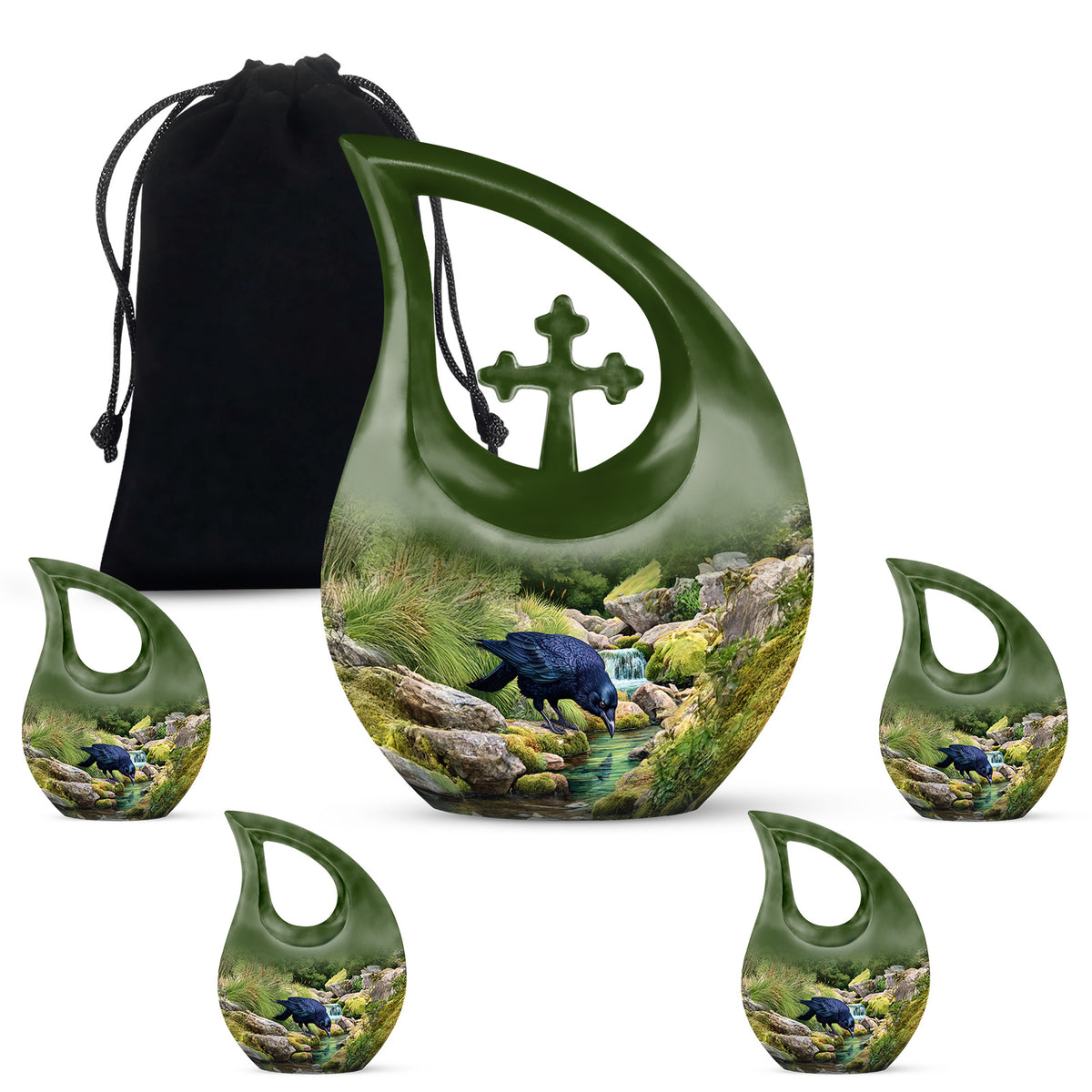 Mint Green Crow Cremation Urn urn with complimentary velvet bag - devotional cross-drop crow engraving - memorial set with one large and four small urns