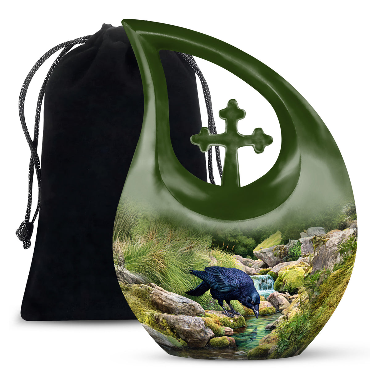 Mint Green Crow Cremation Urn top-down view of secure threaded lid - faith-inspired cross-drop urn with crow pattern - full-size 10 inch 200 cubic inch adult cremation urn