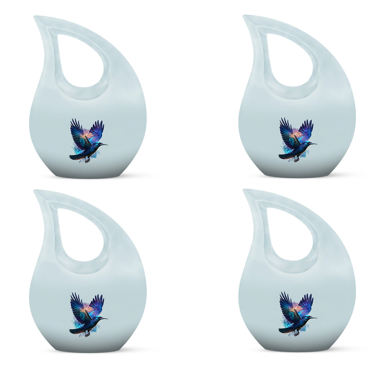 Platinum Silver Crow Cremation Urn lifestyle display on memorial shelf - cross and crow combined in spiritual memorial design - 10 inch aluminum urn for cremated remains
