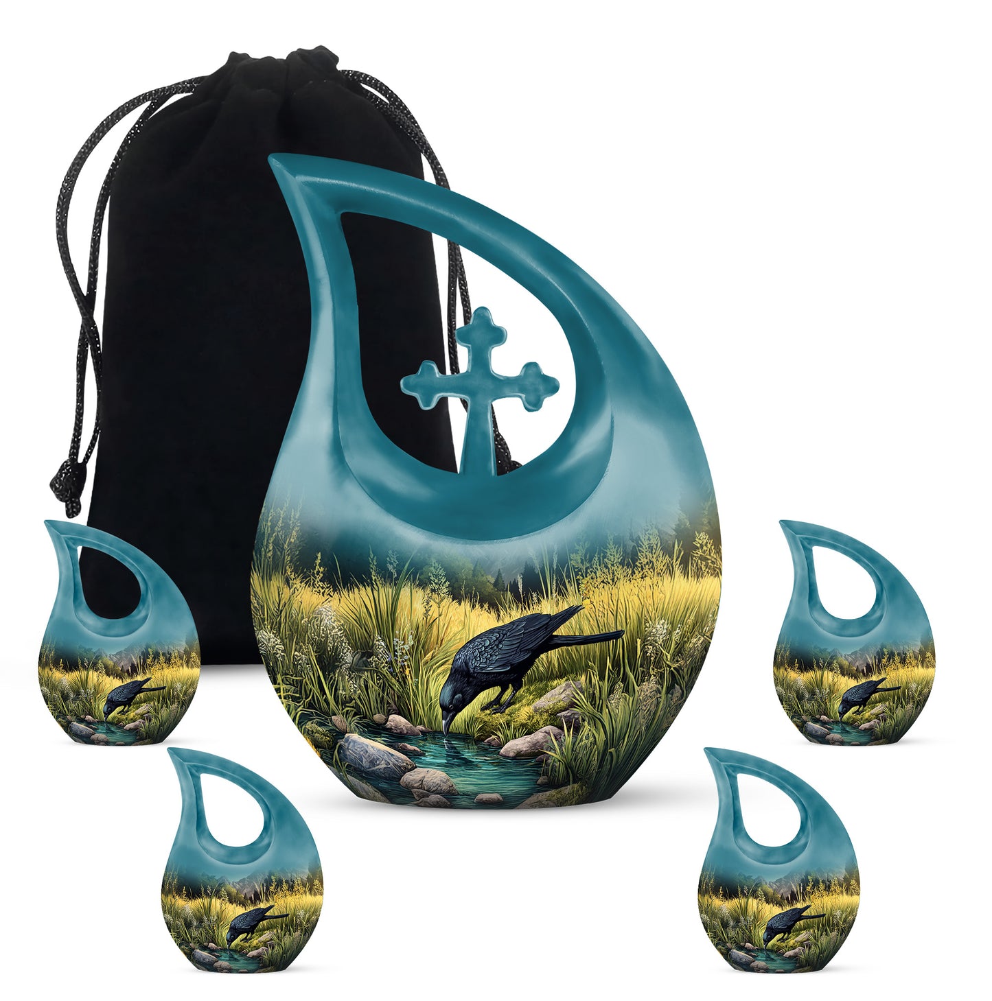 Tropical Teal Crow Cremation Urn urn with complimentary velvet bag - faith-inspired cross-drop urn with crow pattern - memorial set with one large and four small urns
