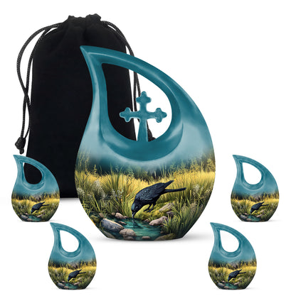 Tropical Teal Crow Cremation Urn urn with complimentary velvet bag - faith-inspired cross-drop urn with crow pattern - memorial set with one large and four small urns