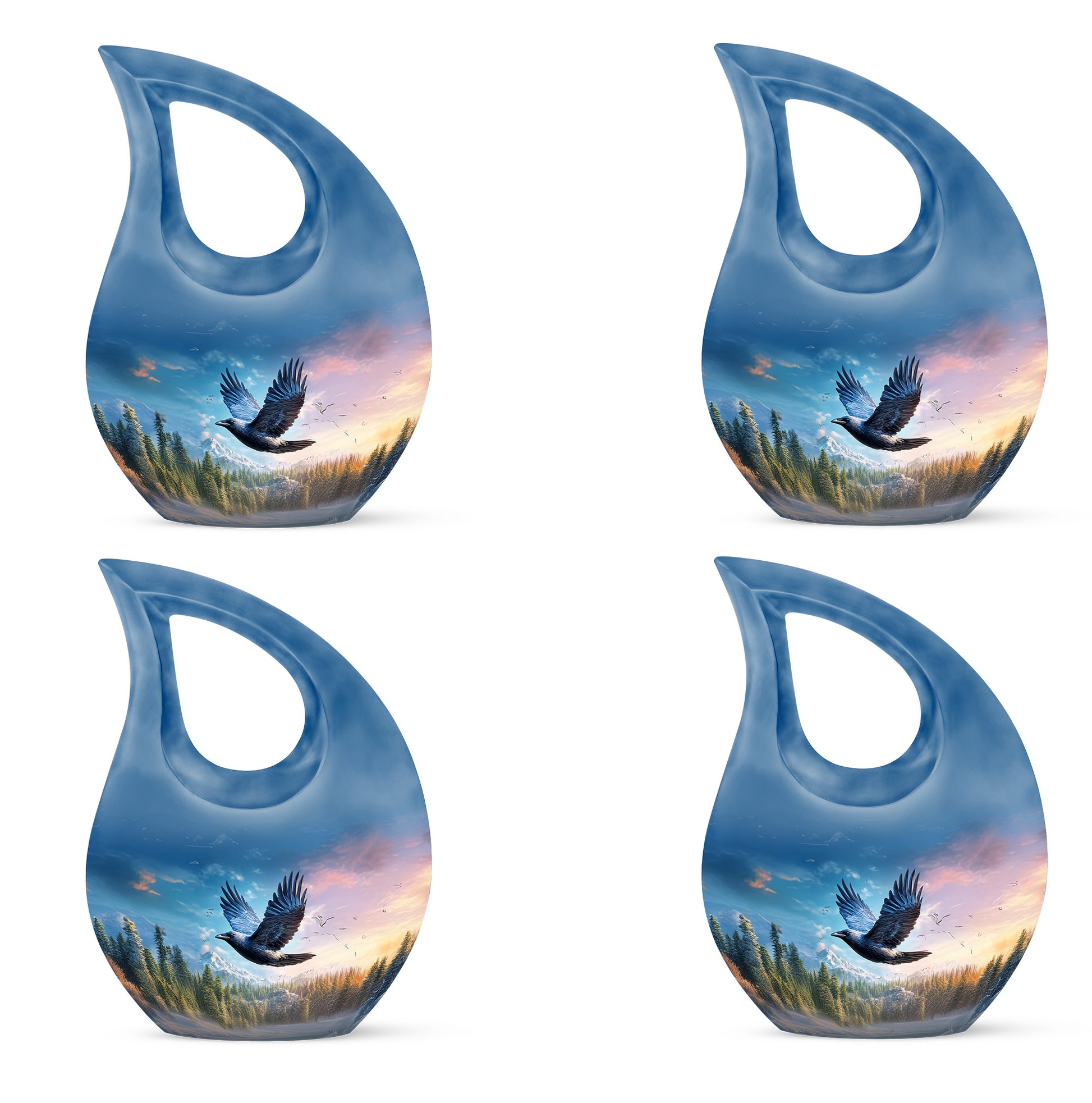 Royal Blue Crow Cremation Urn lifestyle display on memorial shelf - faith-inspired cross-drop urn with crow pattern - 10 inch aluminum urn for cremated remains