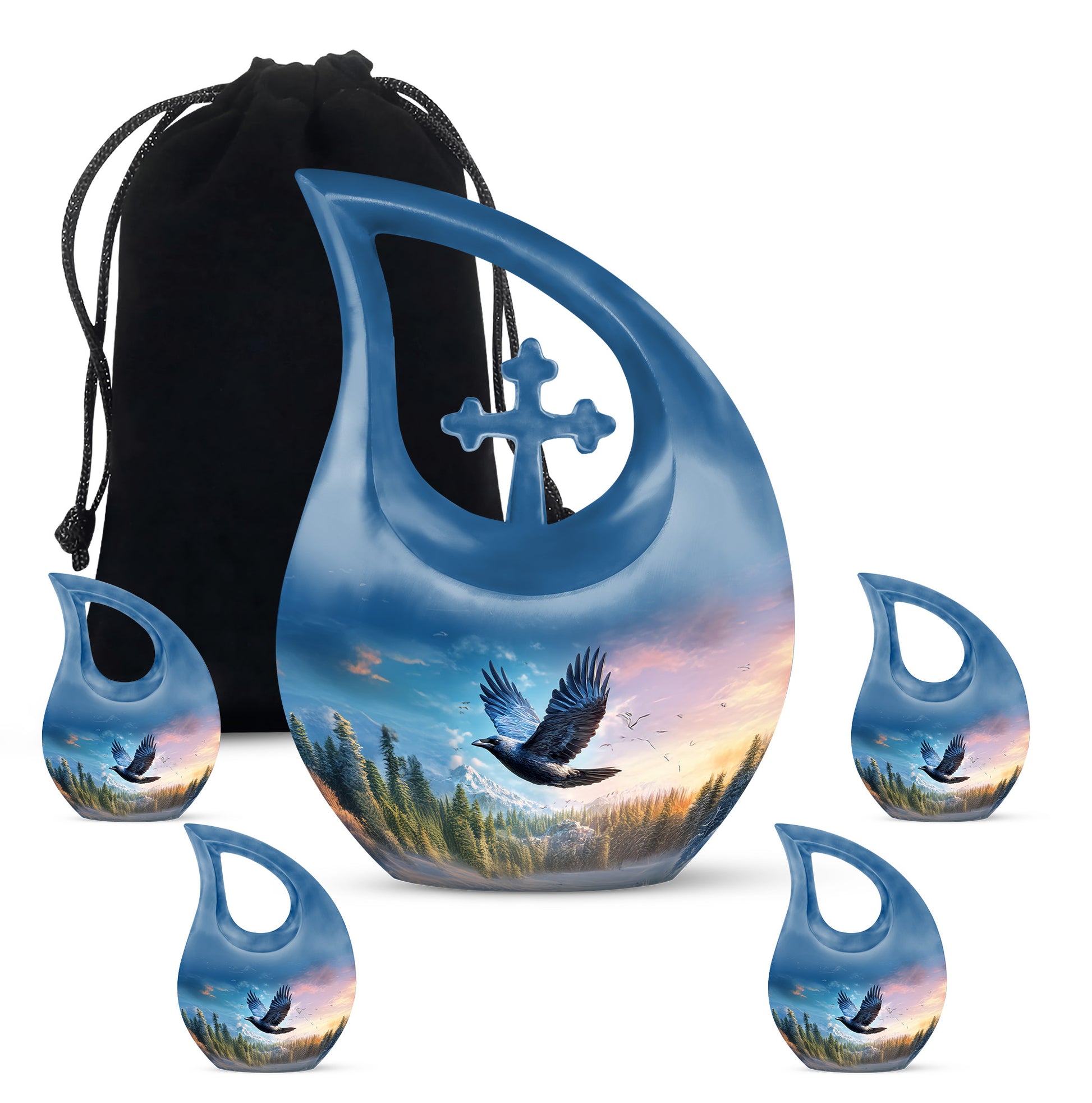 Royal Blue Crow Cremation Urn urn with complimentary velvet bag - devotional cross-drop crow engraving - memorial set with one large and four small urns