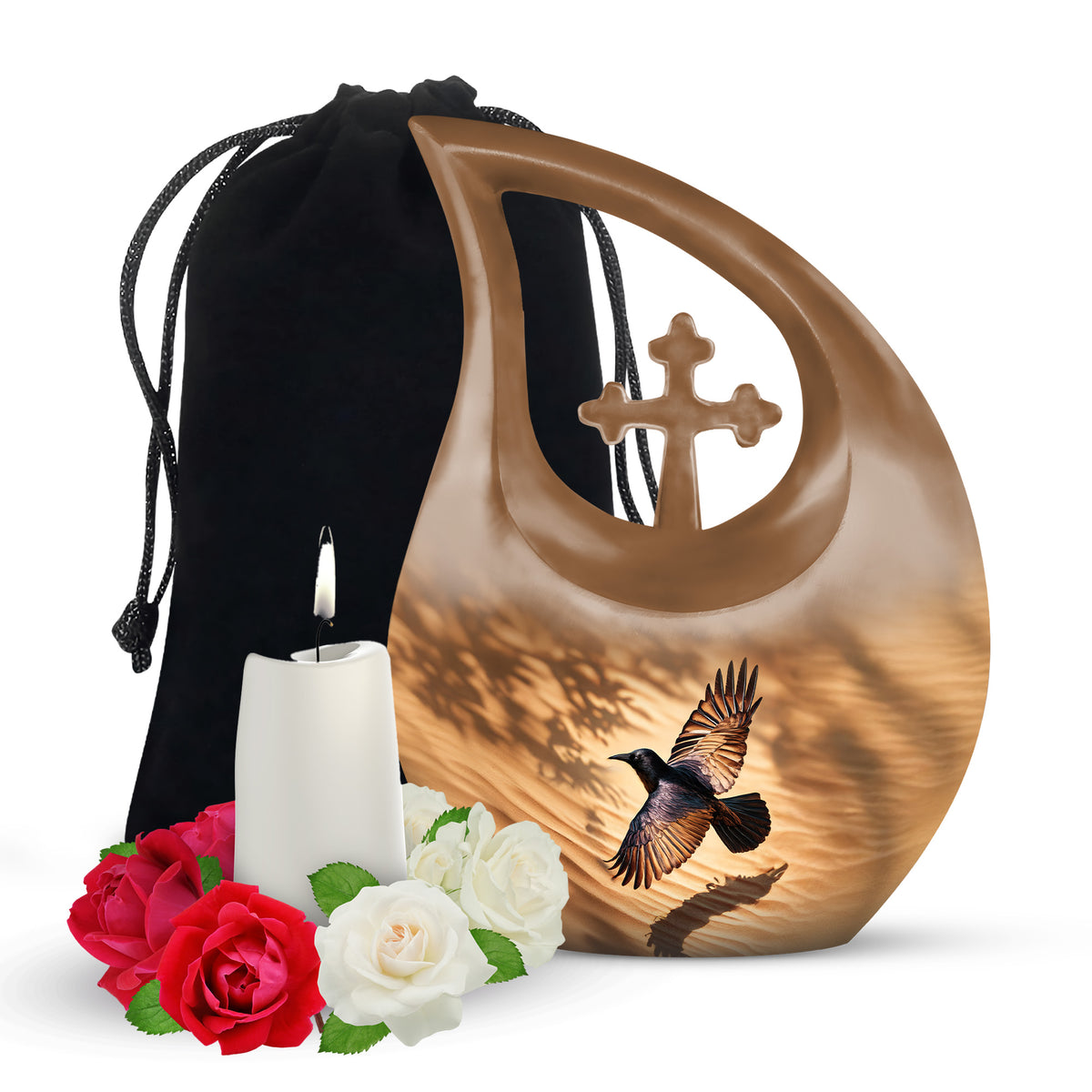 Gilded Gold Crow Cremation Urn top-down view of secure threaded lid - cross and crow combined in spiritual memorial design - full-size 10 inch 200 cubic inch adult cremation urn