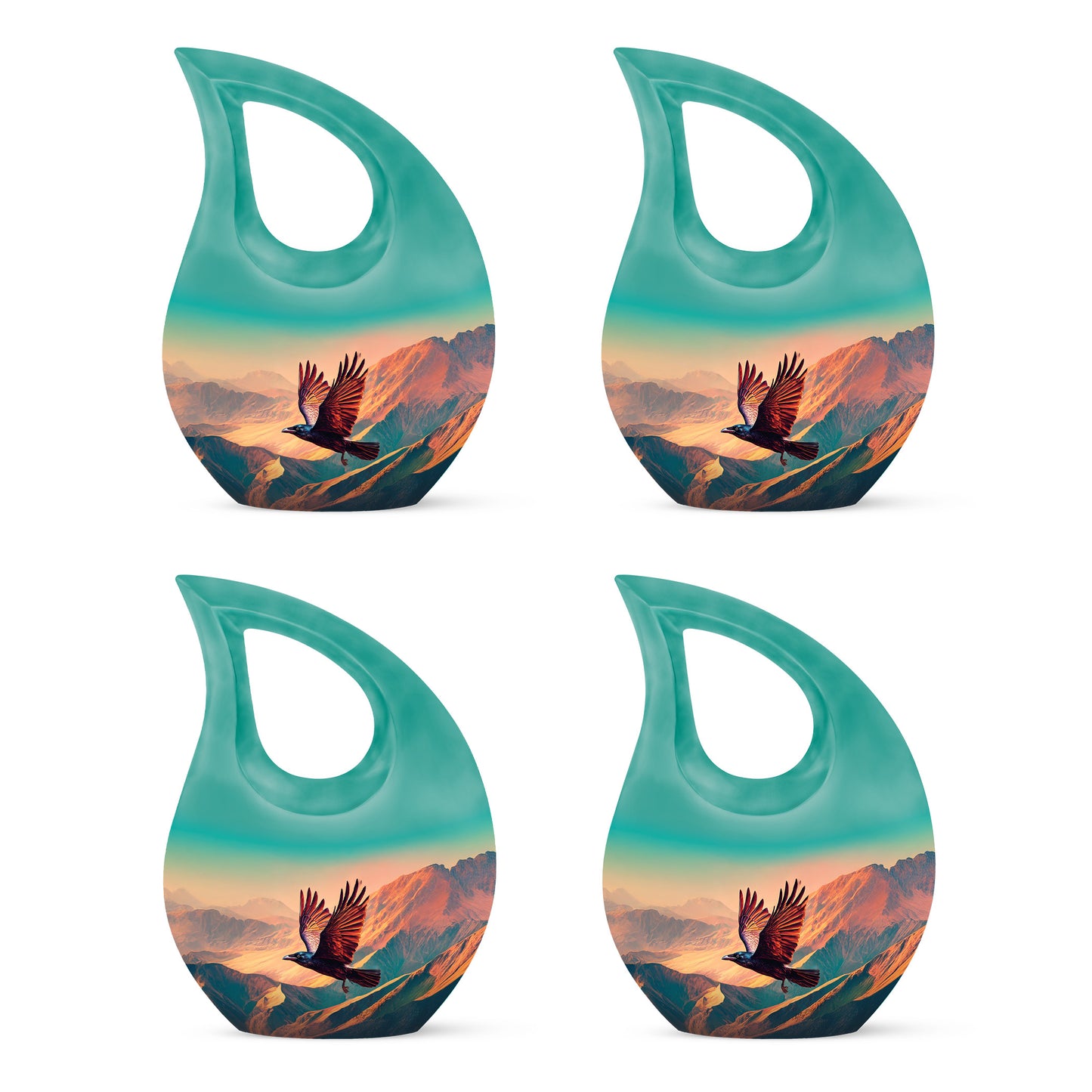 Sea Green Teal Crow Cremation Urn lifestyle display on memorial shelf - cross and crow combined in spiritual memorial design - 10 inch aluminum urn for cremated remains