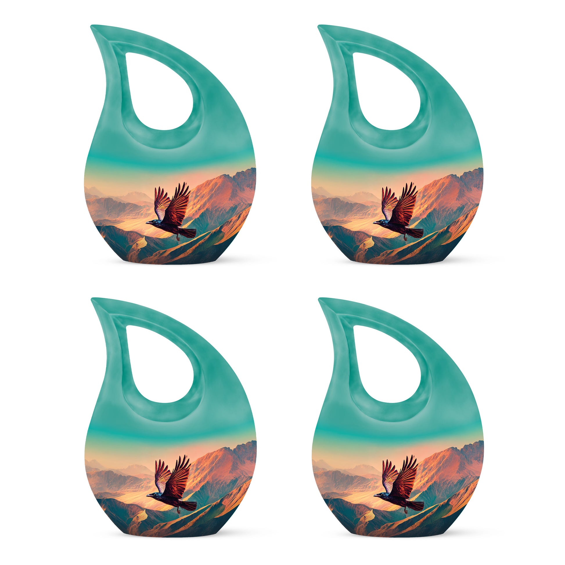 Sea Green Teal Crow Cremation Urn lifestyle display on memorial shelf - cross and crow combined in spiritual memorial design - 10 inch aluminum urn for cremated remains