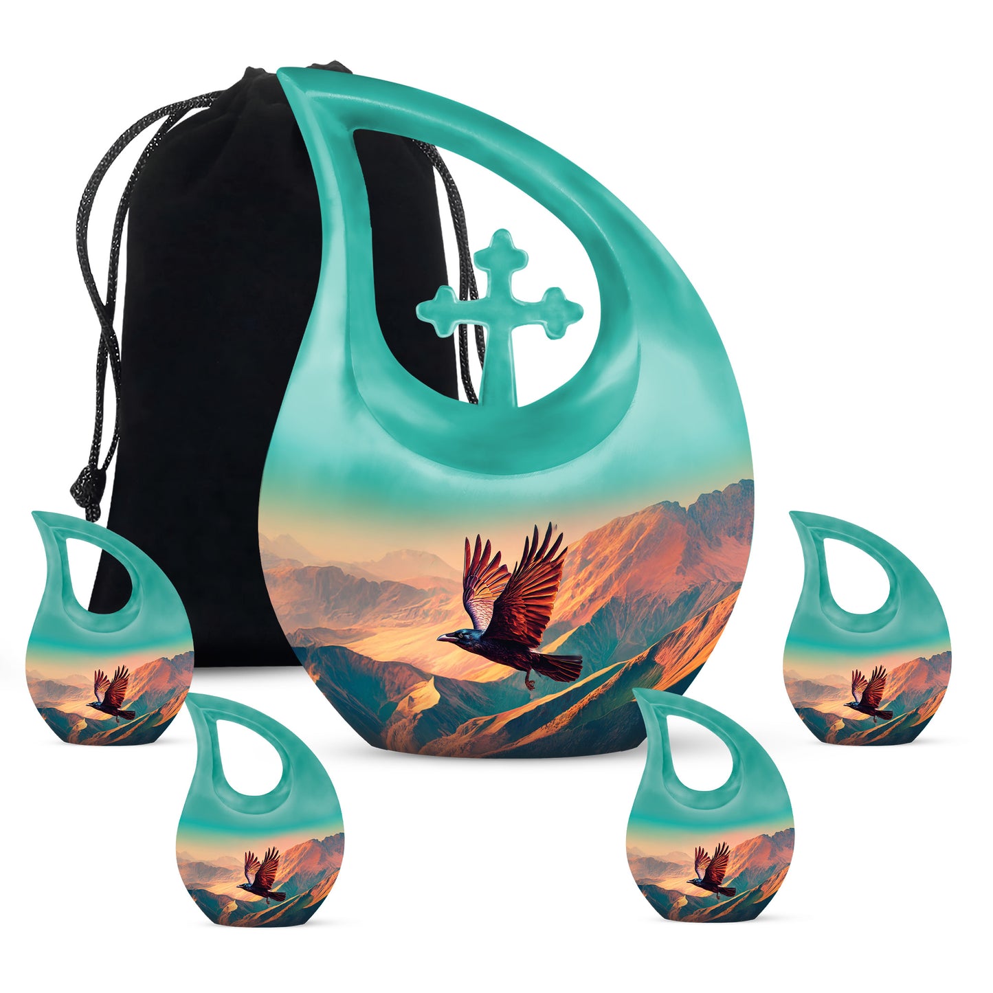 Vivid Teal Crow Cremation Urn urn with complimentary velvet bag - faith-inspired cross-drop urn with crow pattern - memorial set with one large and four small urns