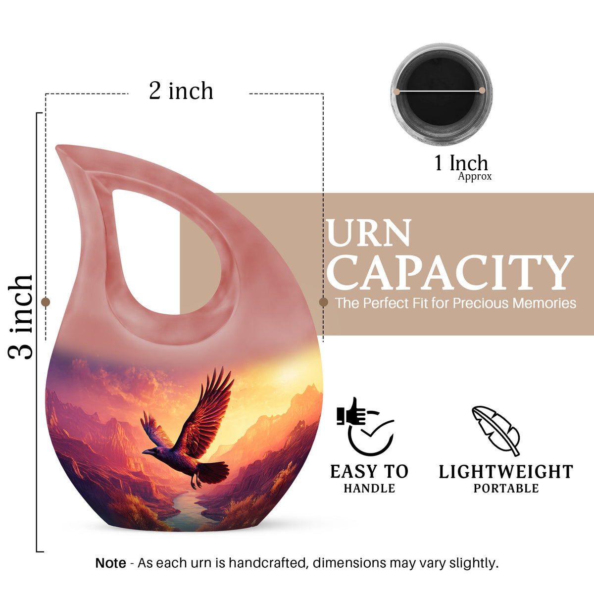 Twilight Purple Crow Cremation Urn back view with polished surface - devotional cross-drop crow engraving - mini keepsake memorial for portion of cremation ashes