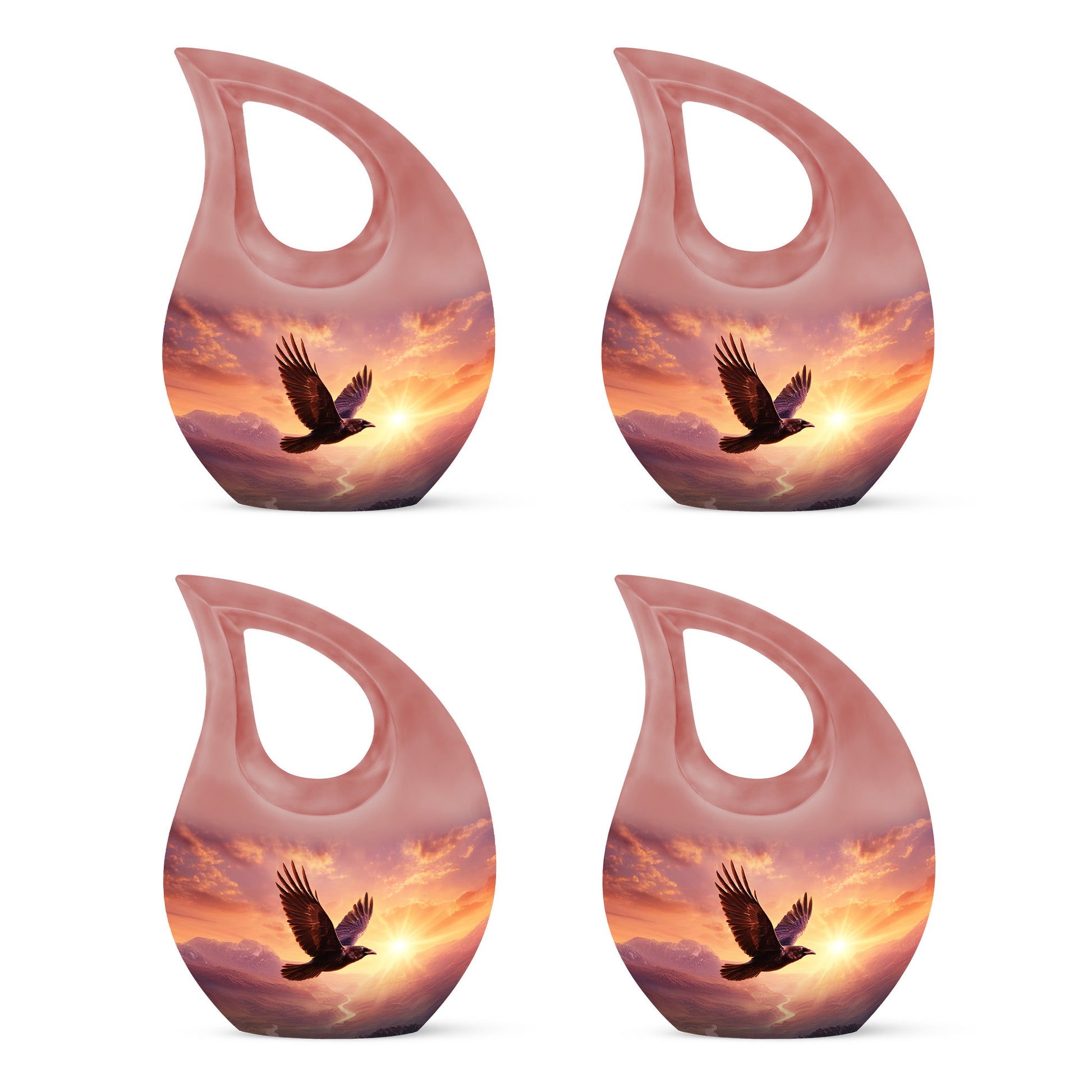 Salmon Pink Crow Cremation Urn lifestyle display on memorial shelf - faith-inspired cross-drop urn with crow pattern - 10 inch aluminum urn for cremated remains