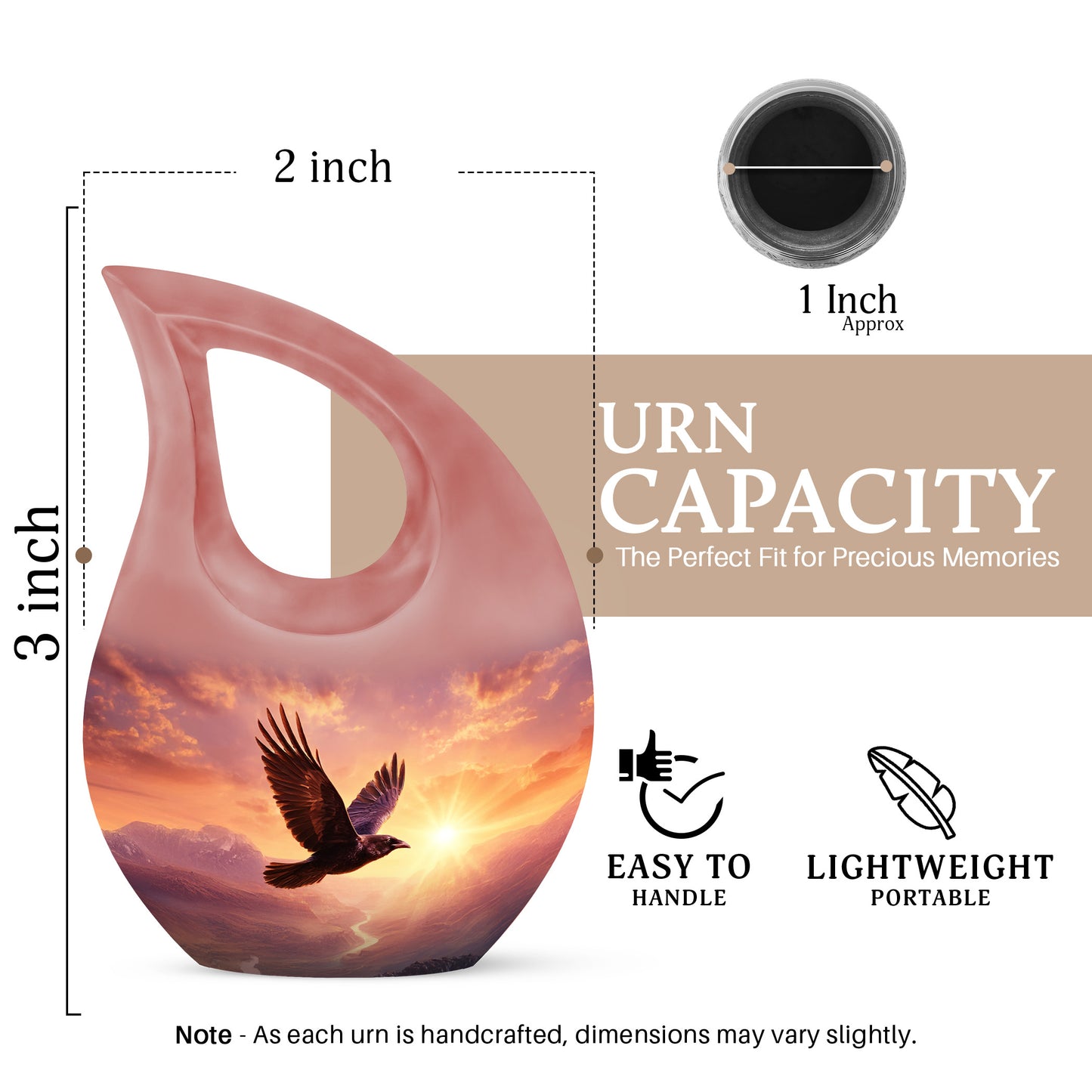 Coral Pink Crow Cremation Urn back view with polished surface - sacred cross merged with crow motif on metal - mini keepsake memorial for portion of cremation ashes