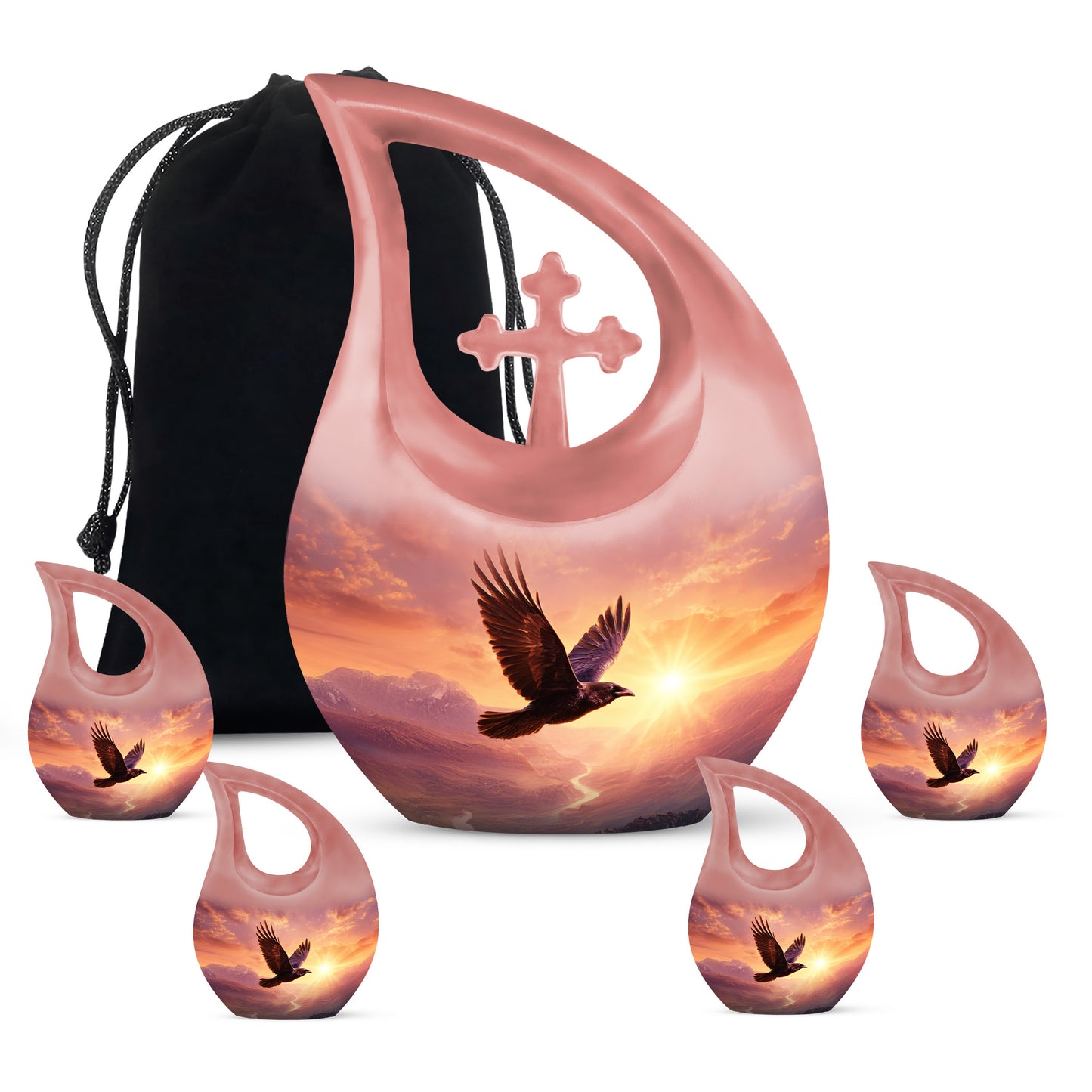 Rose Pink Crow Cremation Urn urn with complimentary velvet bag - sacred cross merged with crow motif on metal - memorial set with one large and four small urns